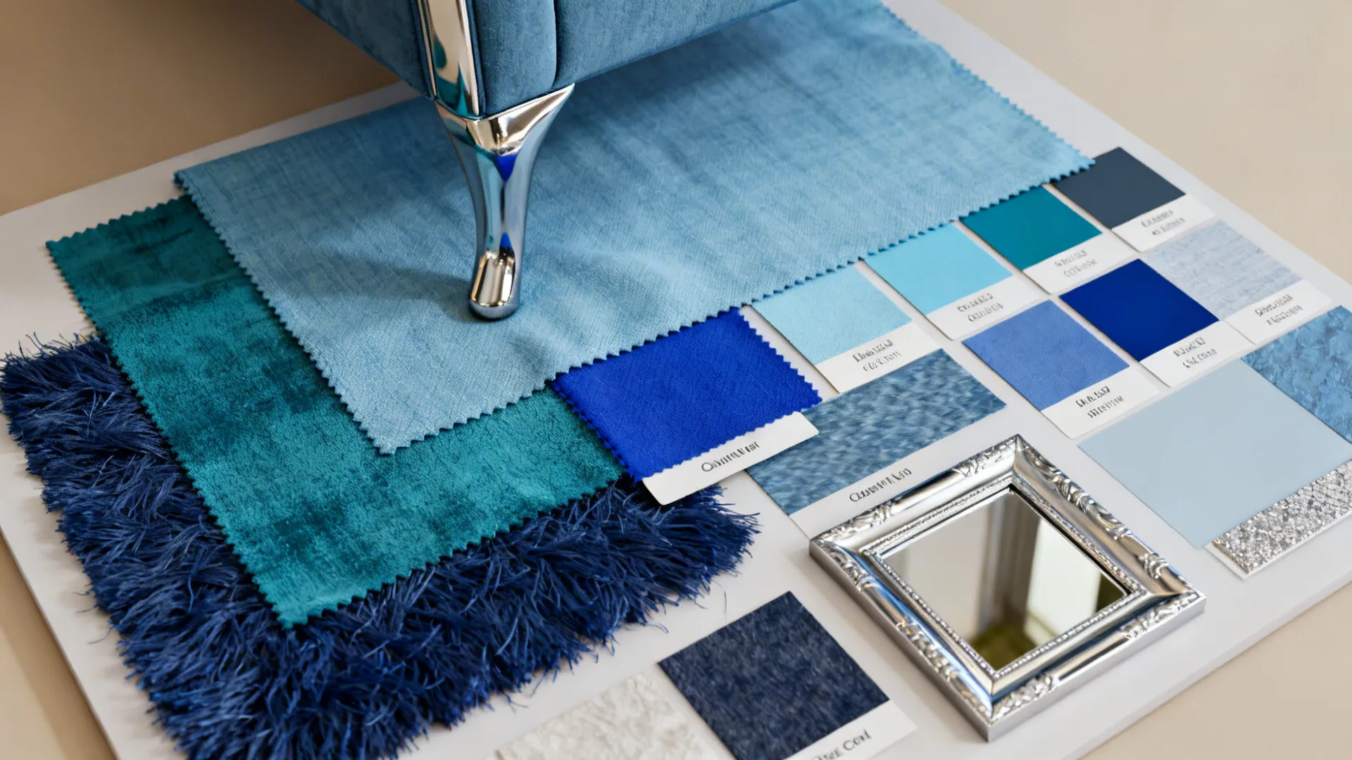 Top-down material board of teal, cerulean, and cobalt swatches with polished chrome samples.