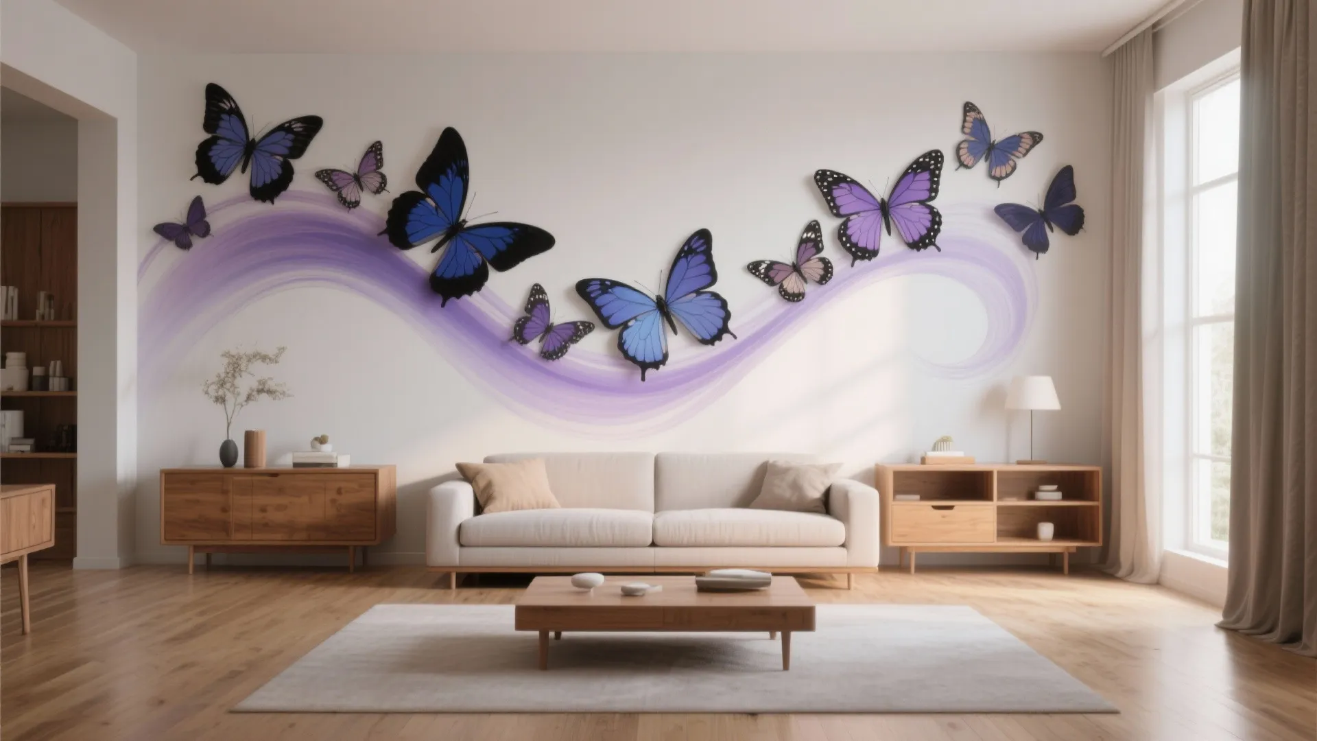 Living room with purple butterfly wall decorations flying over a white sofa and wooden floor