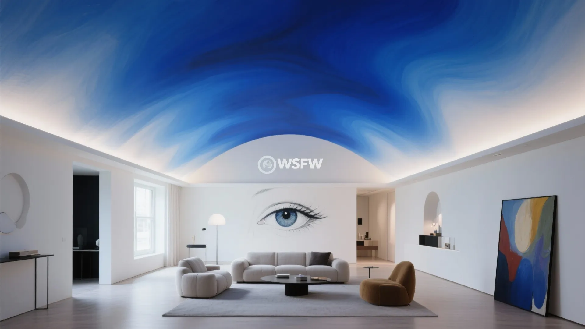 Gradient color vaulted ceiling fading from deep blue to white