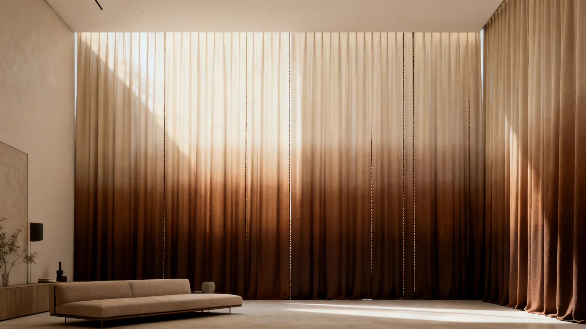 Narrow living room with curtains that graduate from light beige at top to deep brown at floor to create height illusion