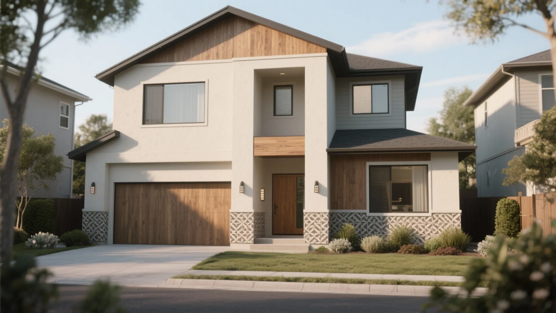 Modern two story house with white walls wooden garage door and small front yard grass lawn