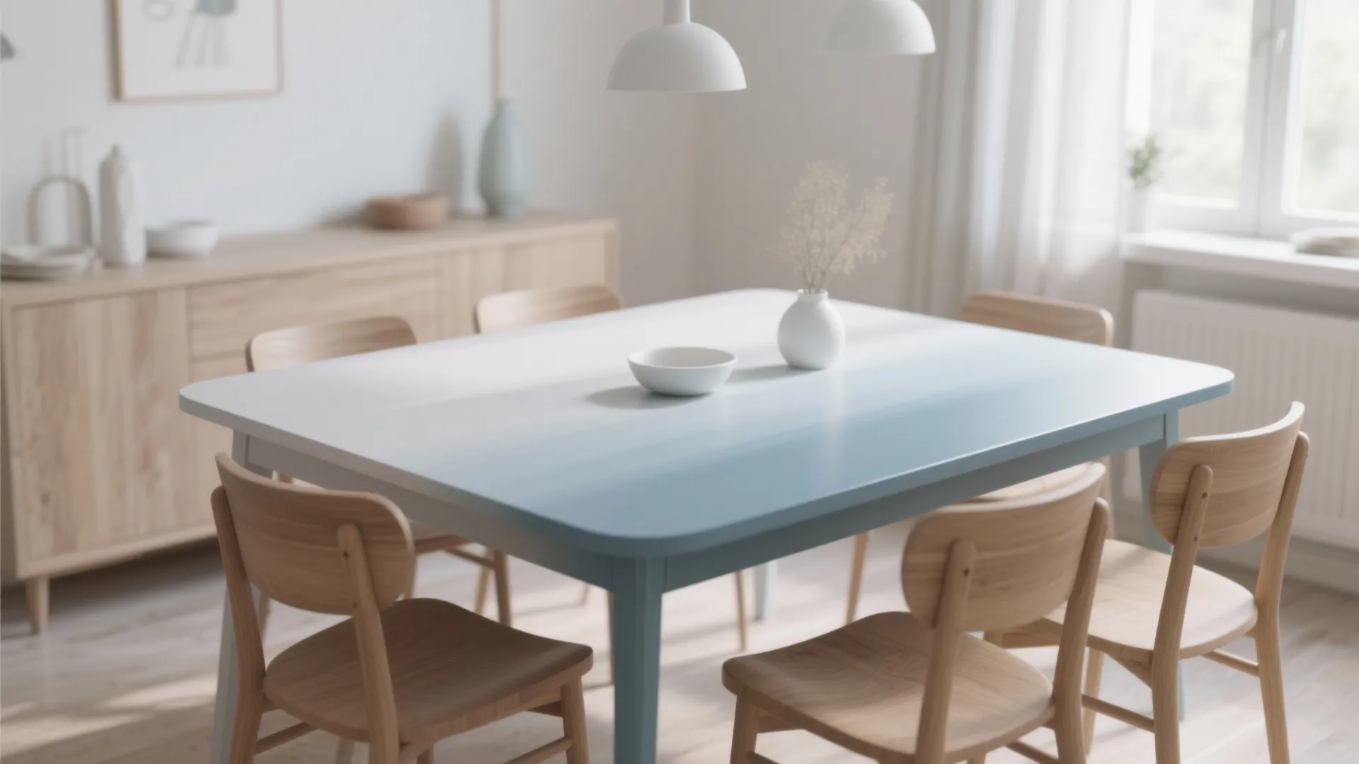 Modern dining room with white to blue gradient table and six light wood chairs around