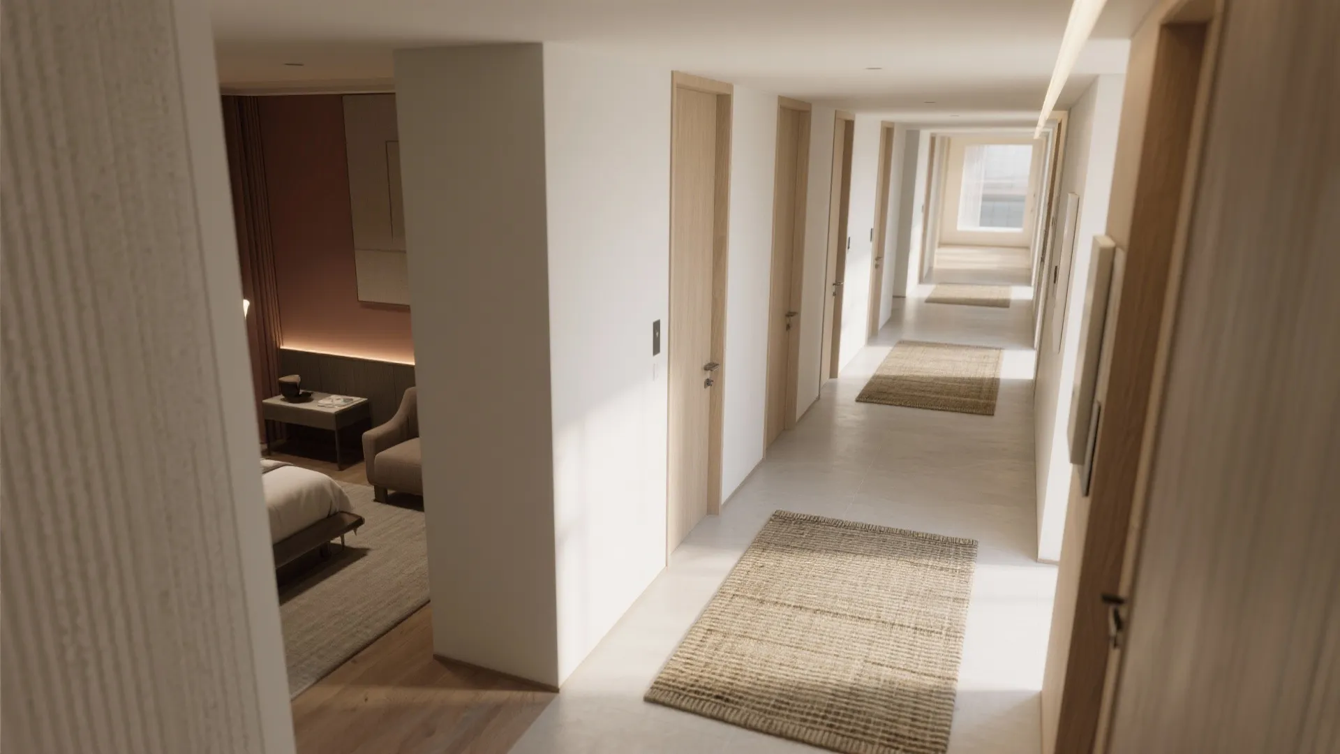 Bright hallway with white walls wooden doors small area rugs leading to a bedroom view