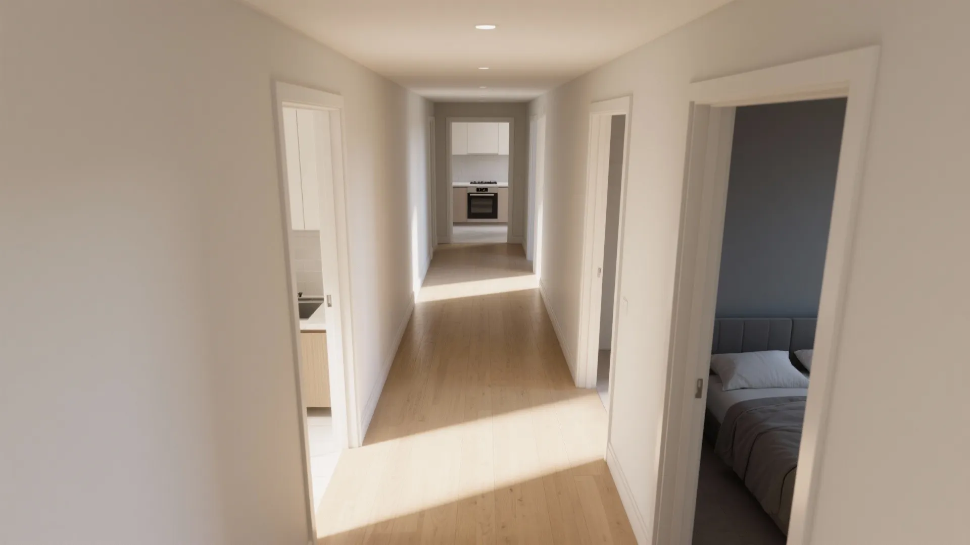 Bright hallway with wooden floors leading to a kitchen view and open doors to rooms