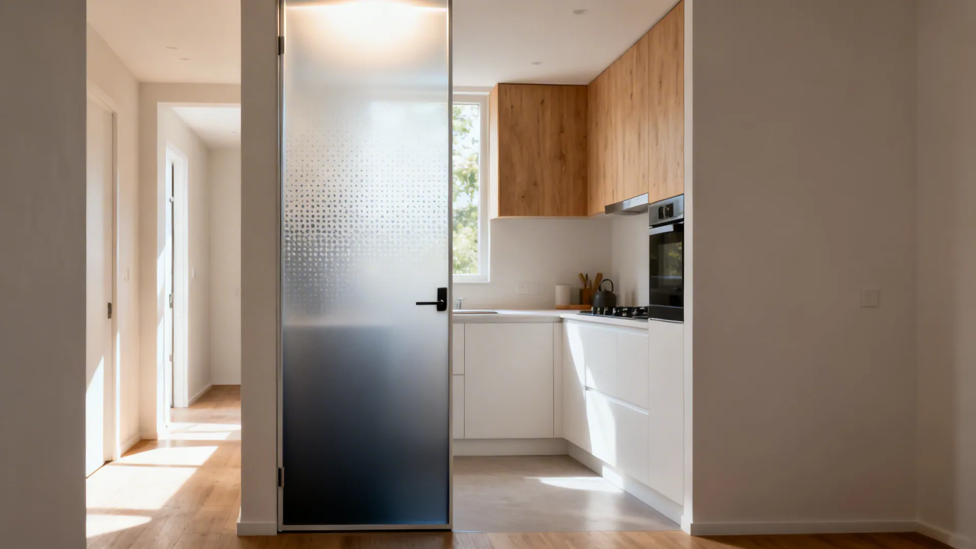 Modern kitchen seen through a frosted glass door with a blue gradient and white cabinets