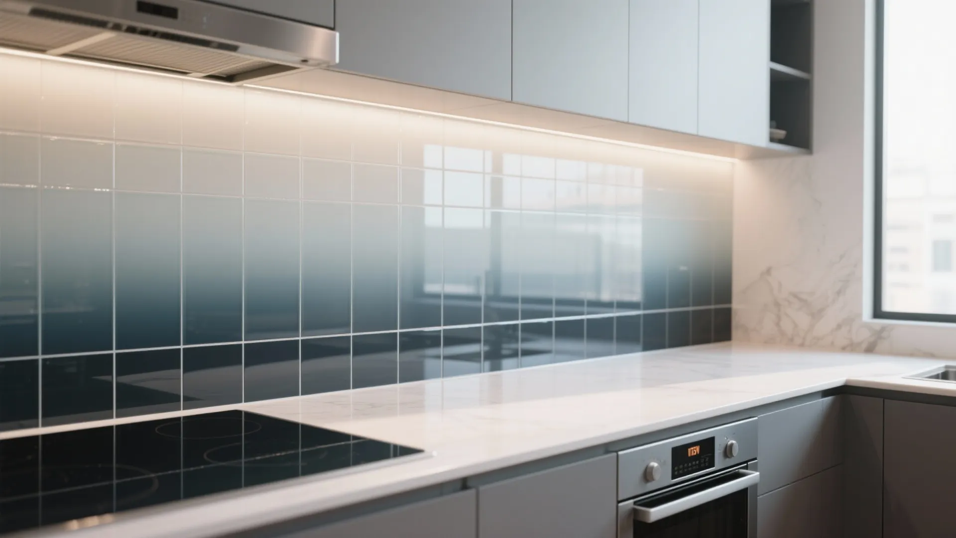 Ombre gradient glass tile backsplash from light to dark