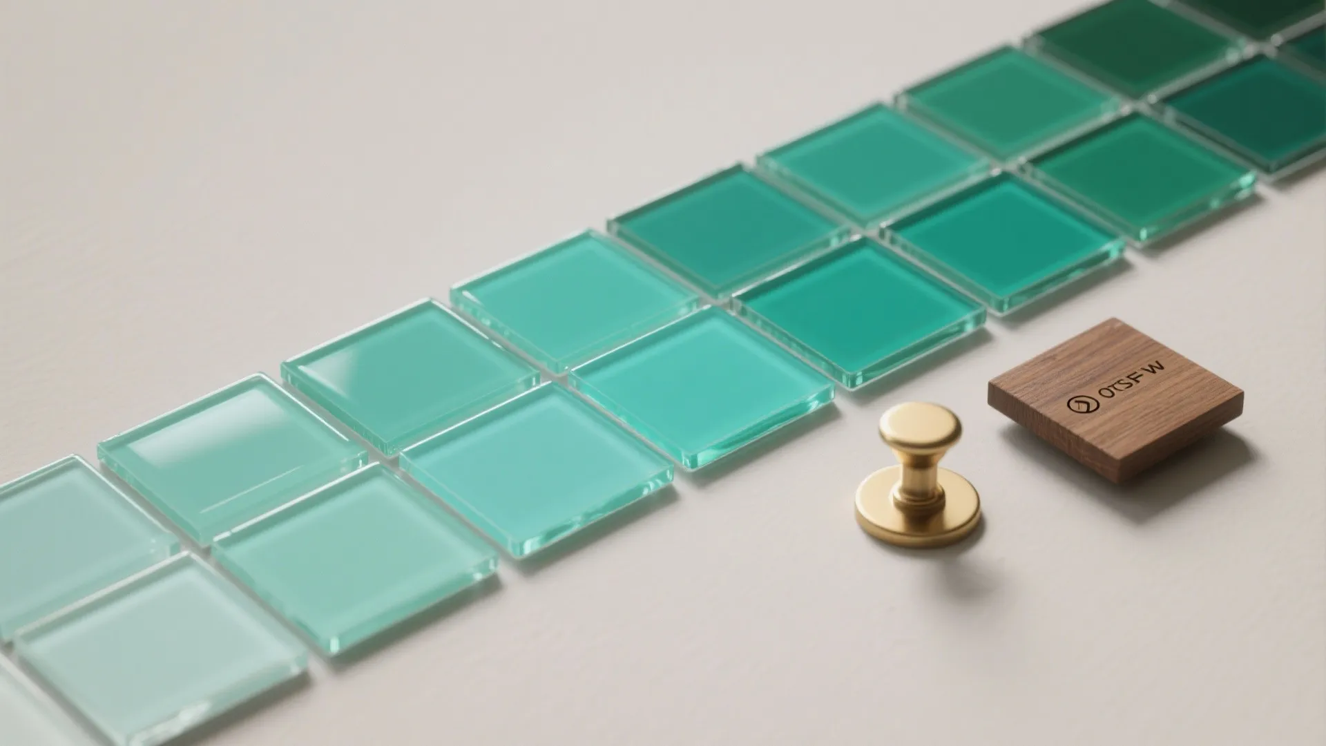 Swatch of gradient green glass tiles from seafoam to teal with brass and wood samples