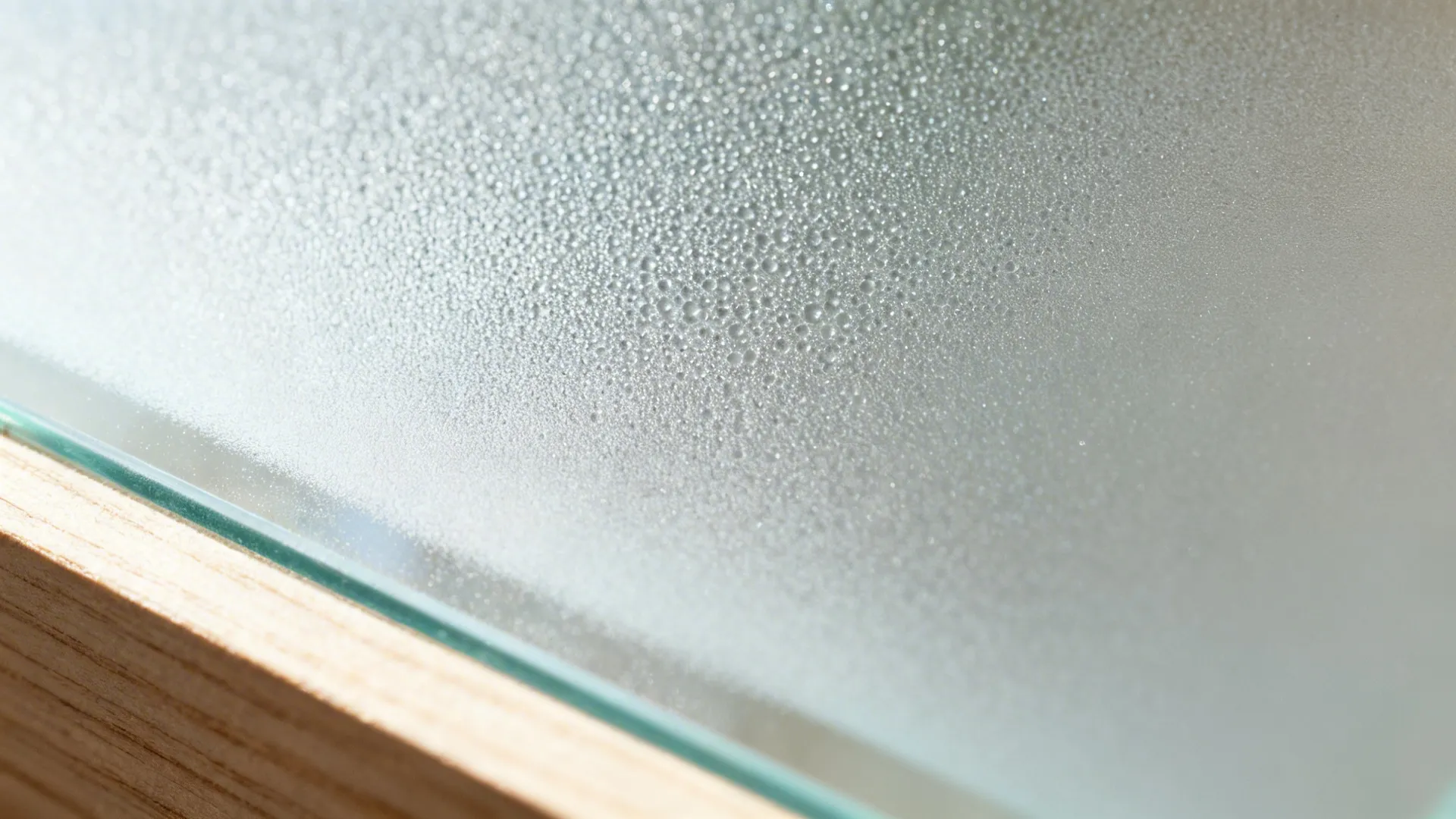 Close up of textured frosted glass with tiny water droplets and a light wood door