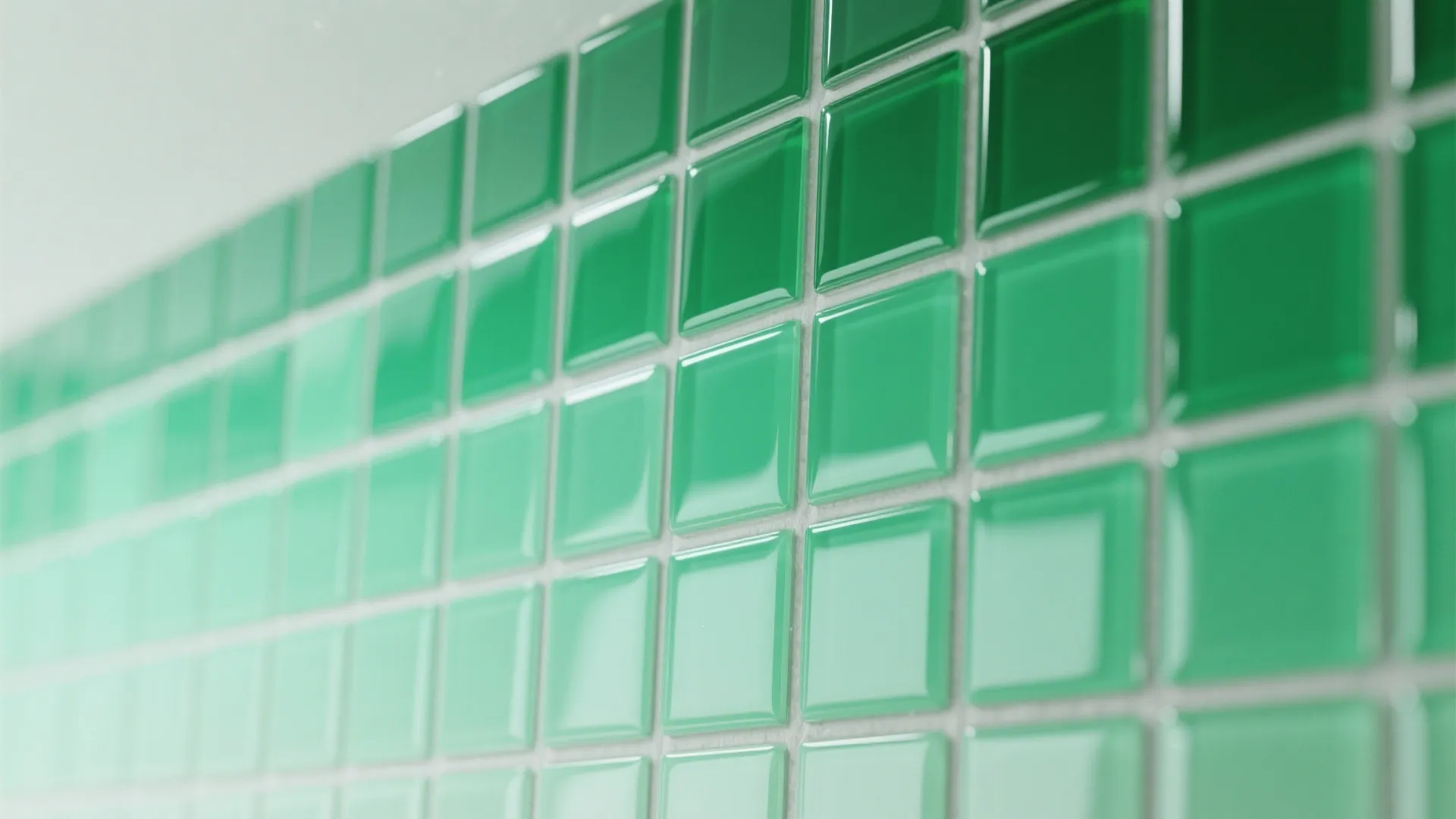 Close-up of green square mosaic tiles on a wall with different shades of light green