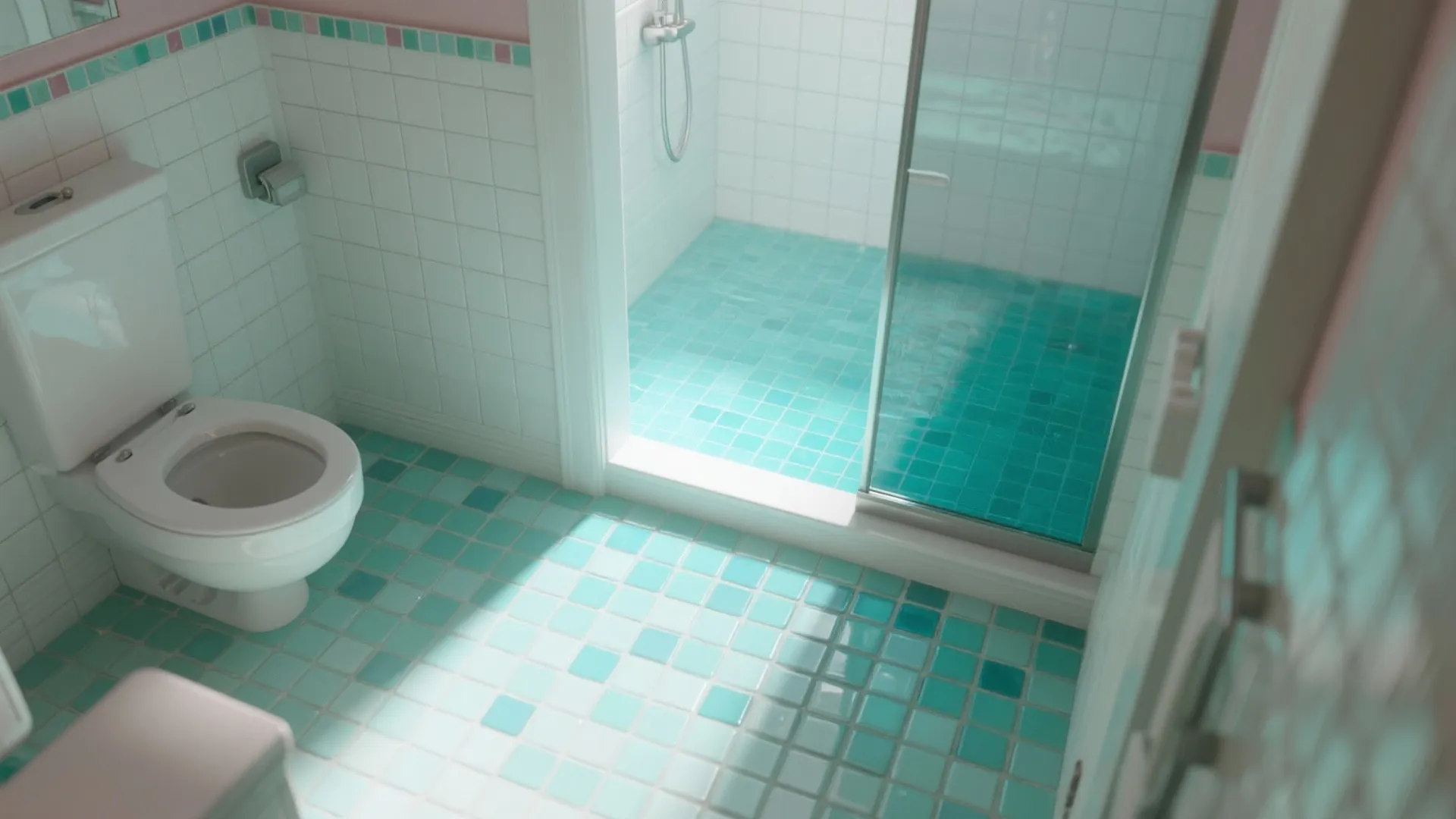 Small bathroom with a gradient mosaic floor fading from pale aqua to deep teal, creating depth.