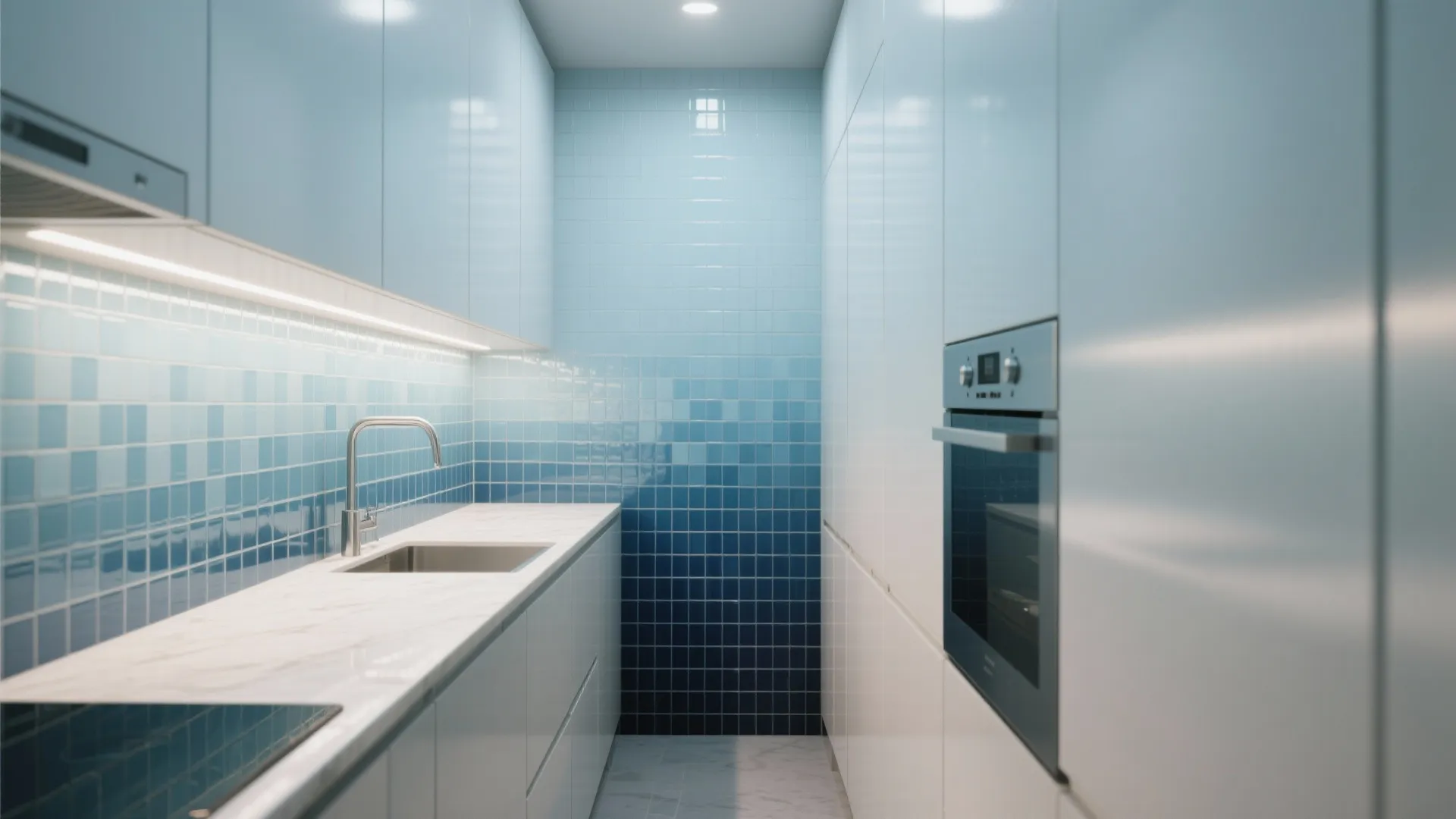 Galley kitchen with gradient mosaic backsplash from pale sky blue to deep navy creating vertical depth.