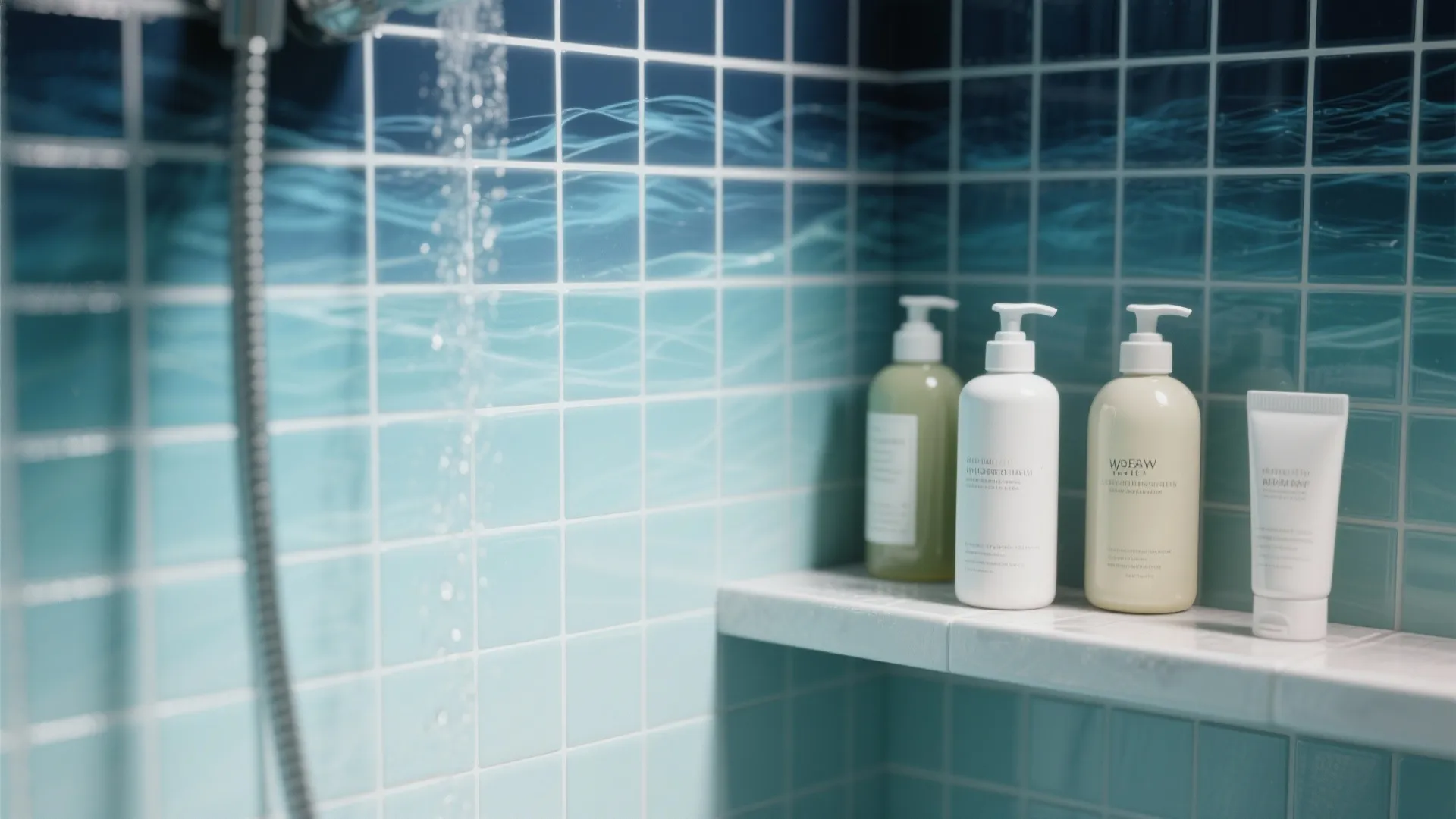 Close-up of a shower niche with tiles graded from dark navy to light seafoam, highlighting texture and storage.