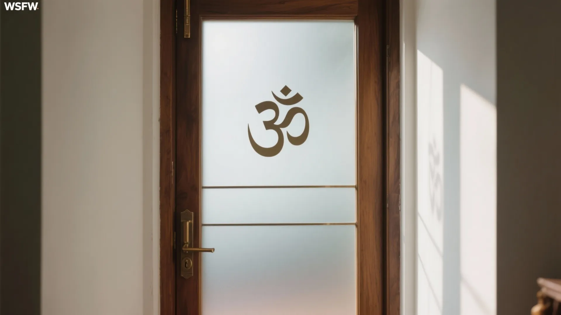Wooden door with frosted glass panel featuring a brown symbol and warm light from side