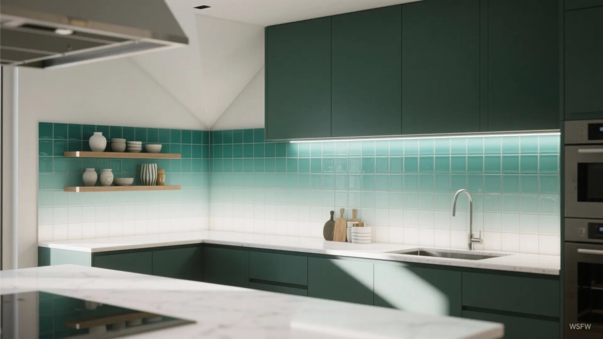 Modern kitchen with green cabinets and a blue to white gradient tile wall behind the sink