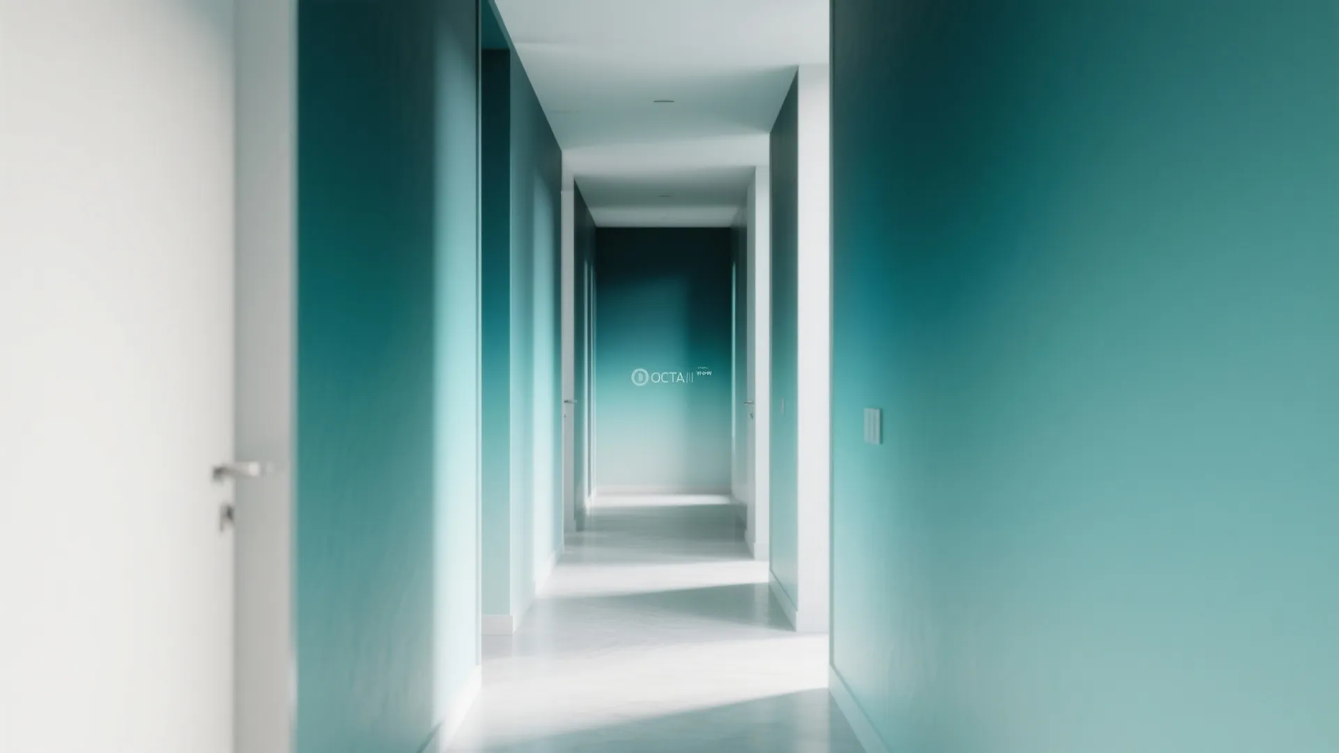 Modern long hallway with teal blue gradient walls and white flooring in a minimalist house