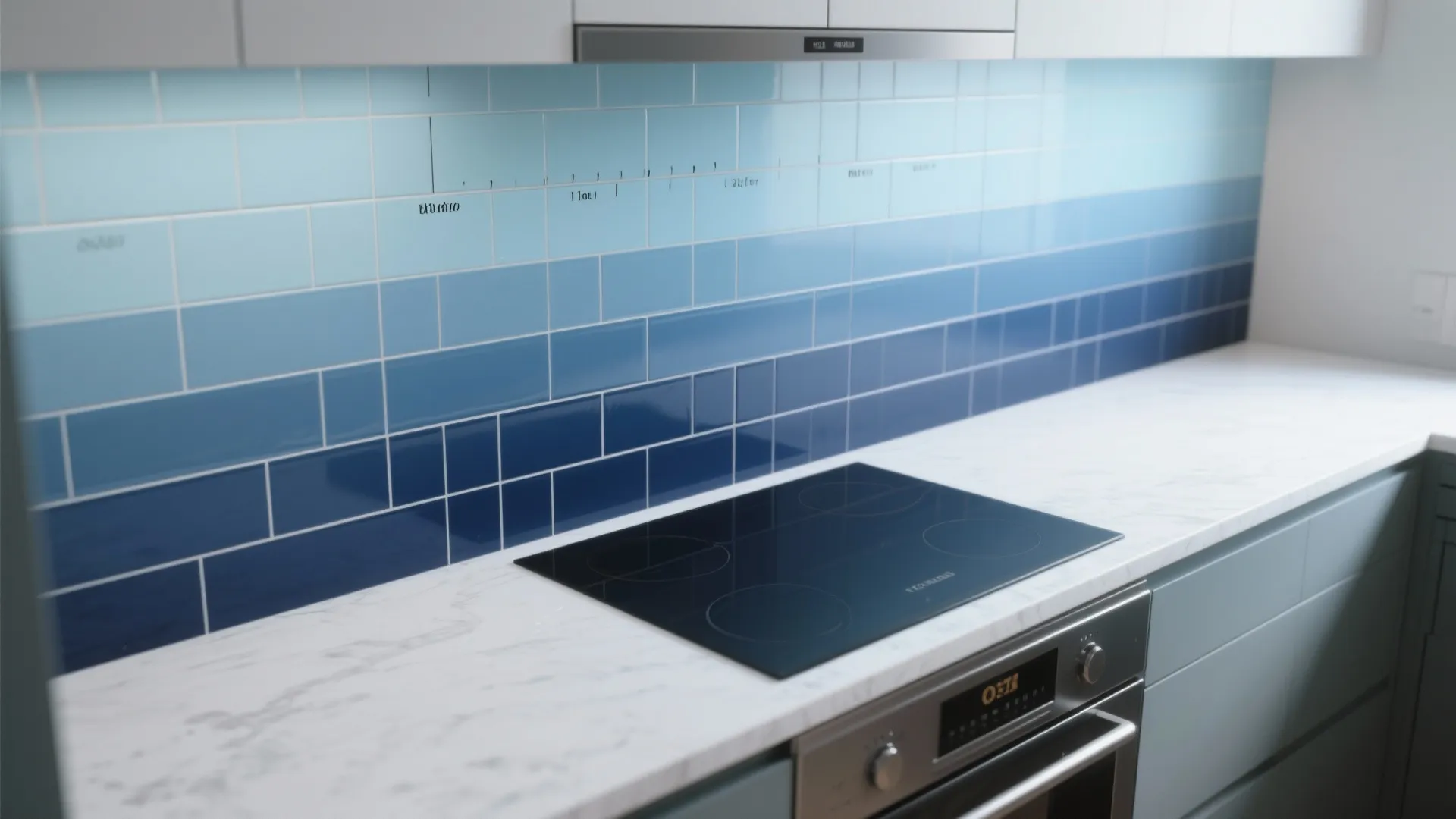 Kitchen with blue gradient wall tiles white marble countertop black glass stove and silver oven door
