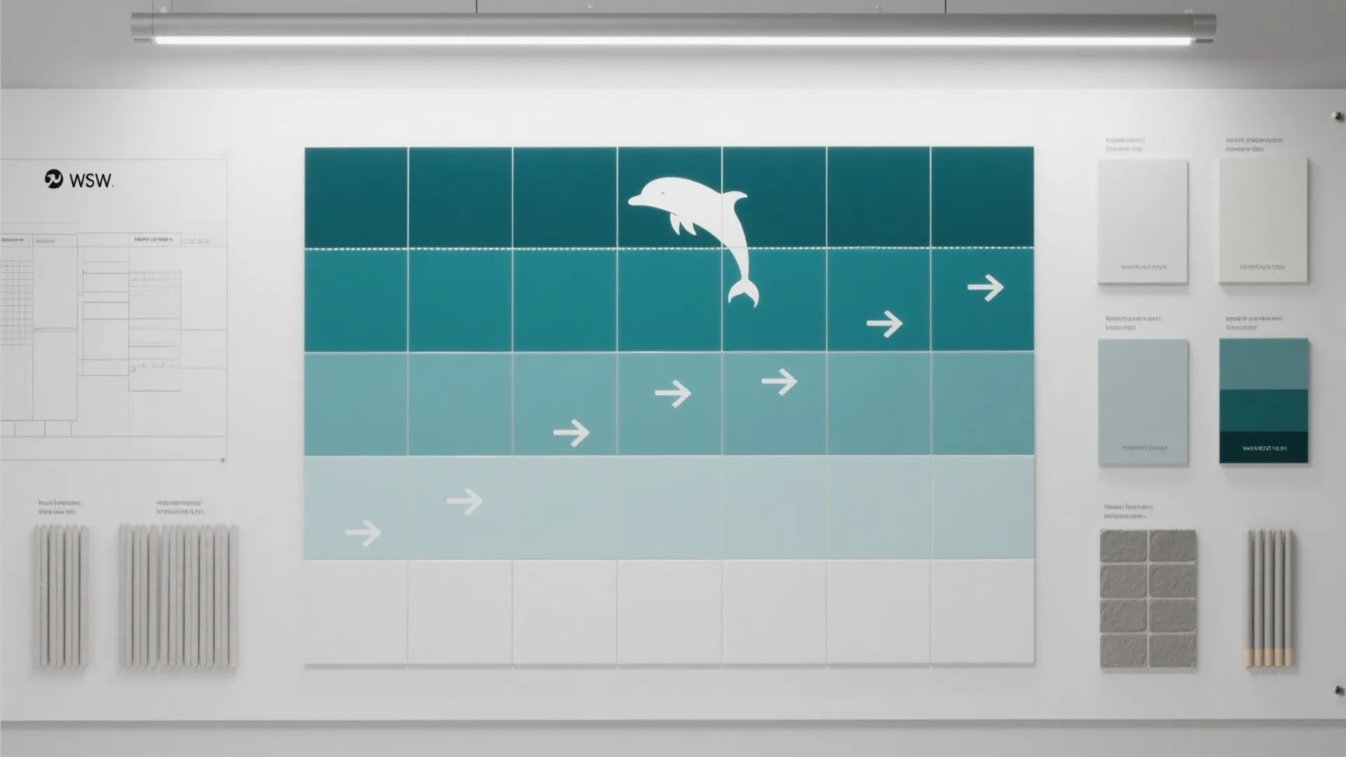 Wall display showing blue gradient tiles dolphin logo arrows color samples and simple light fixture