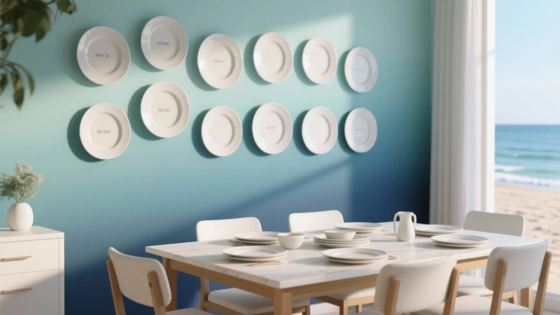Modern dining room featuring blue gradient wall hanging white plates white table and sunny beach