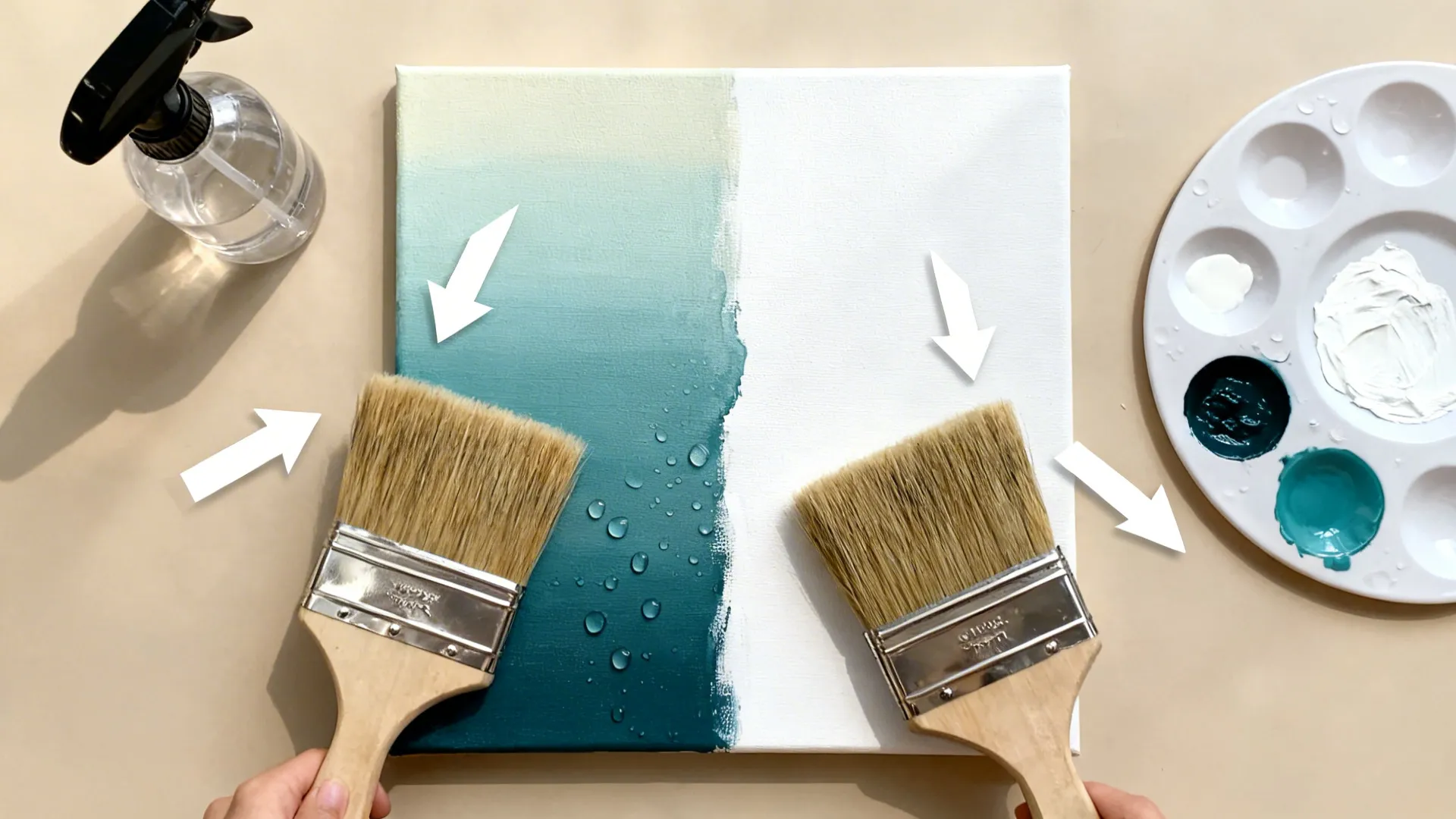 Top-down view of brushes, paints, and a partially blended ombre canvas with spray bottle.