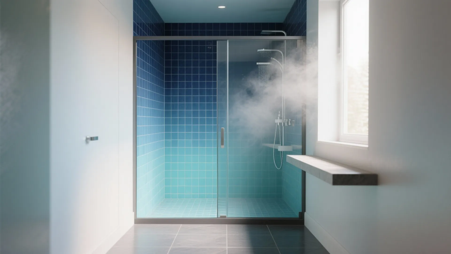 Compact shower with gradient blue mosaic tiles from navy to aqua and a glass door