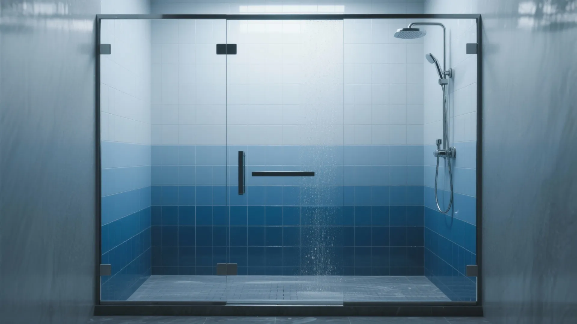 Glass shower with blue-to-grey gradient tiles creating an illusion of height