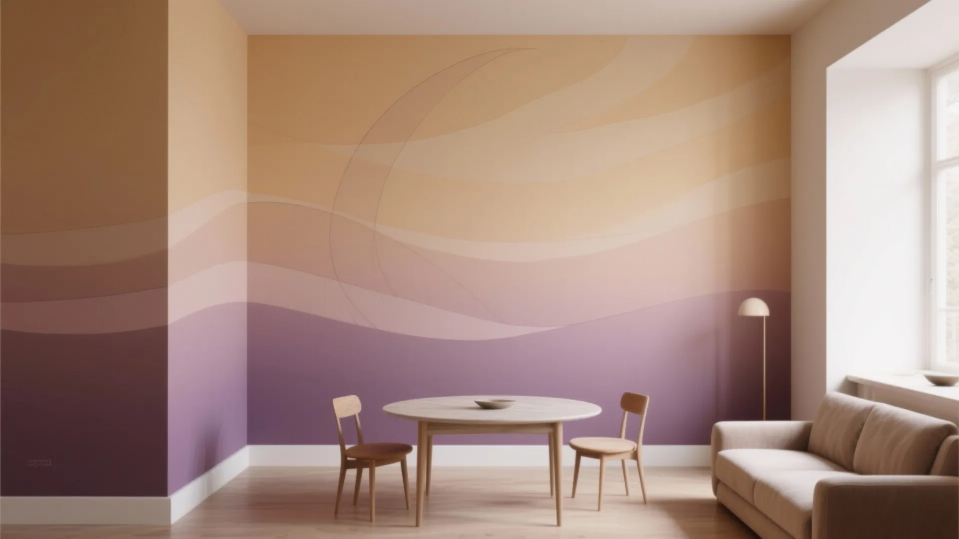 Dining room with round table and purple wave wall design featuring two wooden chairs and