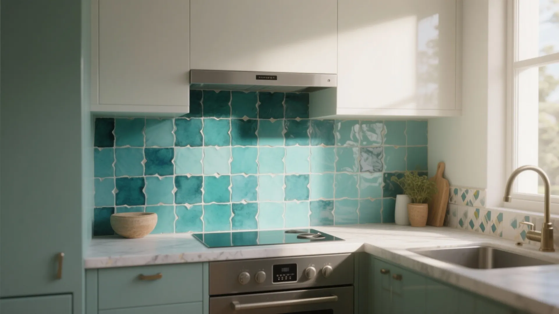 Modern kitchen with teal green wall tiles white cabinets stove marble countertop and natural window light