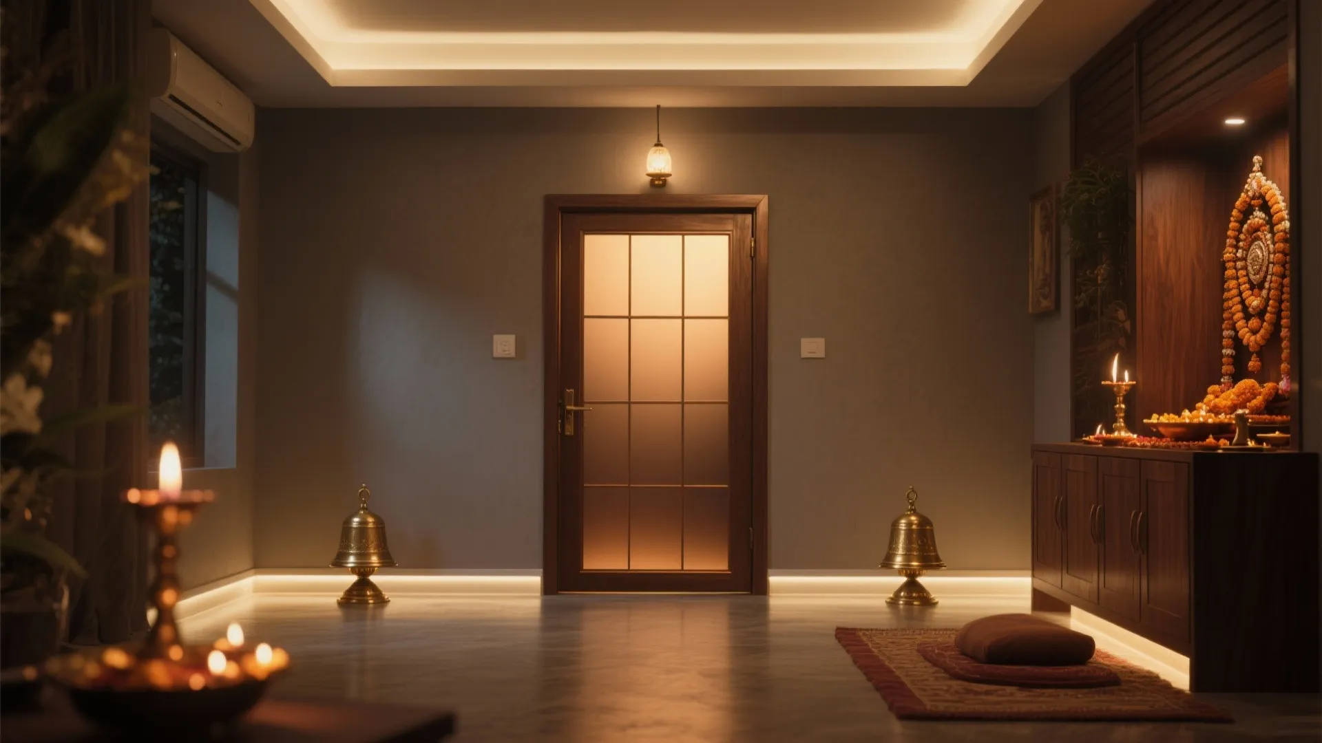 Gradient bronze-tinted glass pooja door with warm layered lighting and walnut accents.
