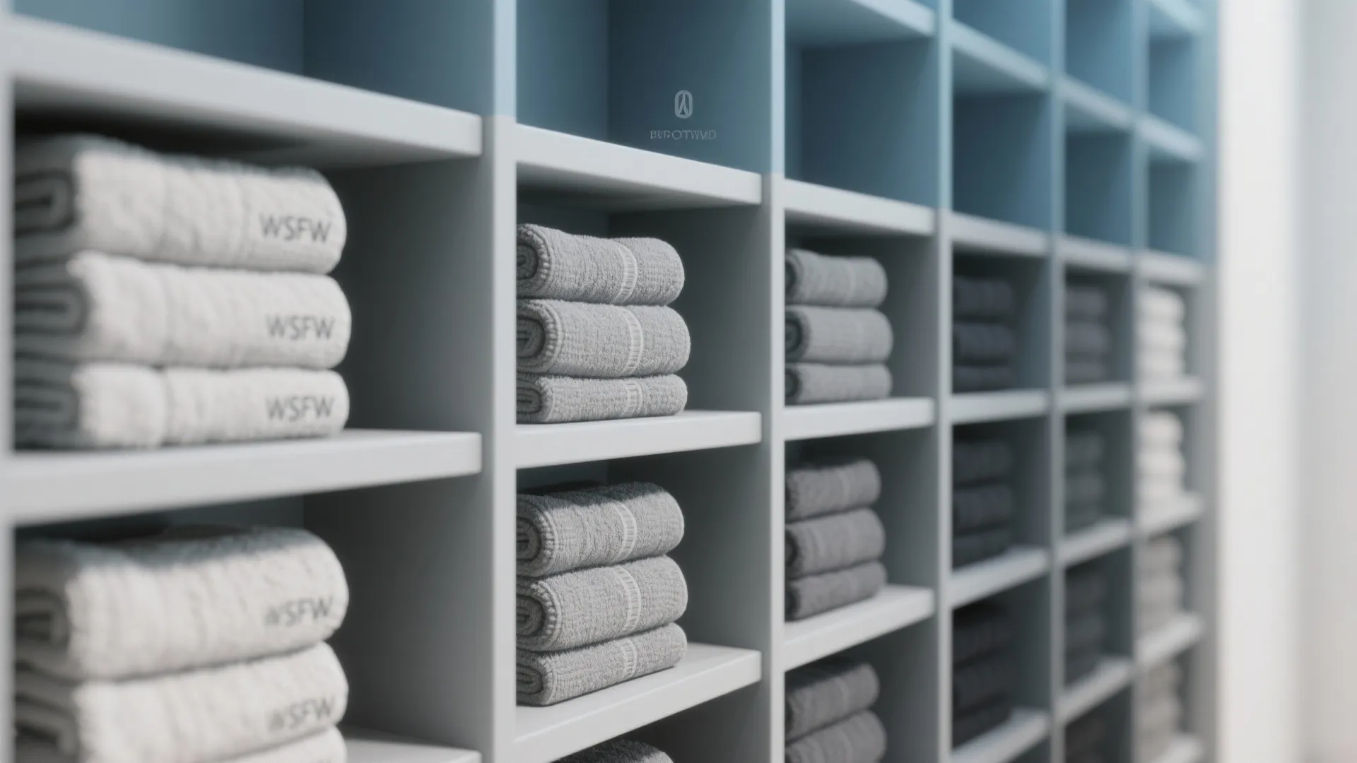 Open shelf with towels arranged in a gradient from light grey to deep slate with a muted blue accent.