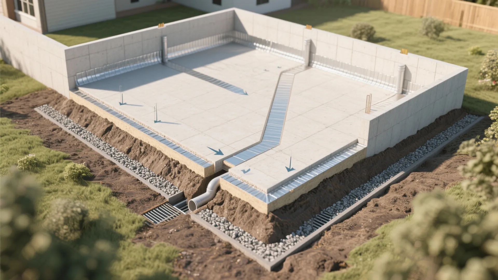 Interior design drawing showing a concrete house foundation with drainage pipes and surrounding green grass