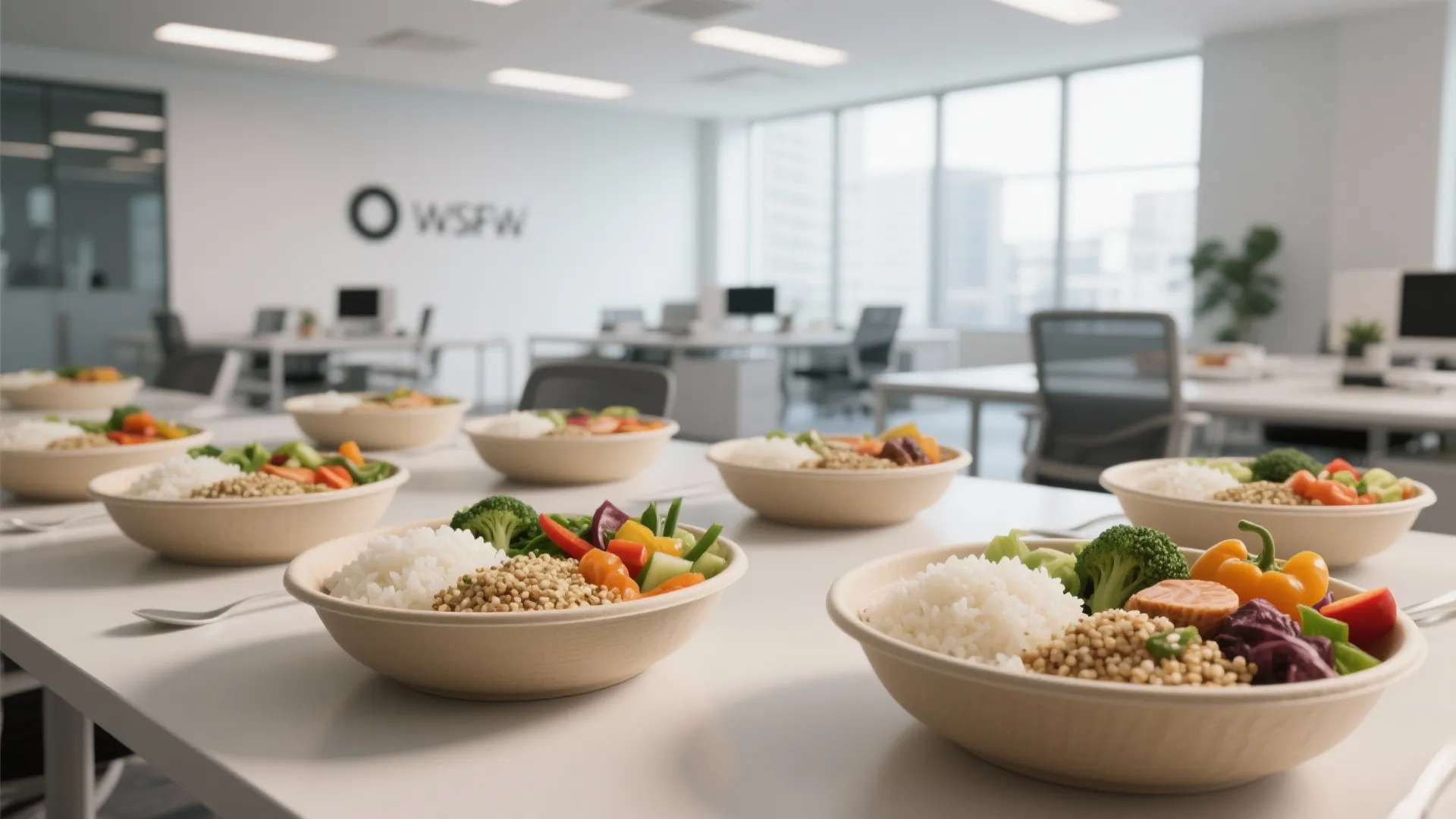 Healthy lunch bowls with rice and vegetables served on a large table in modern office