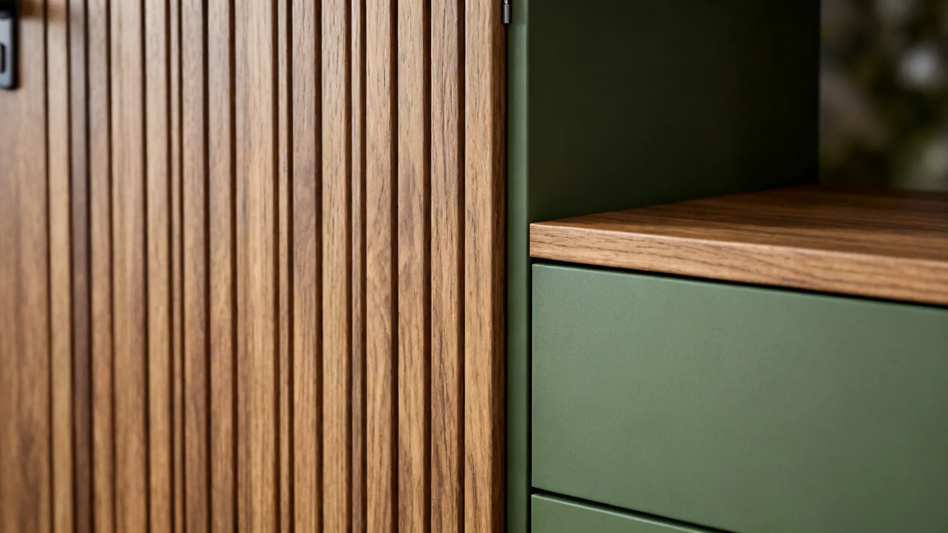 Macro of linear woodgrain Sunmica meeting matte green laminate with aligned edges.