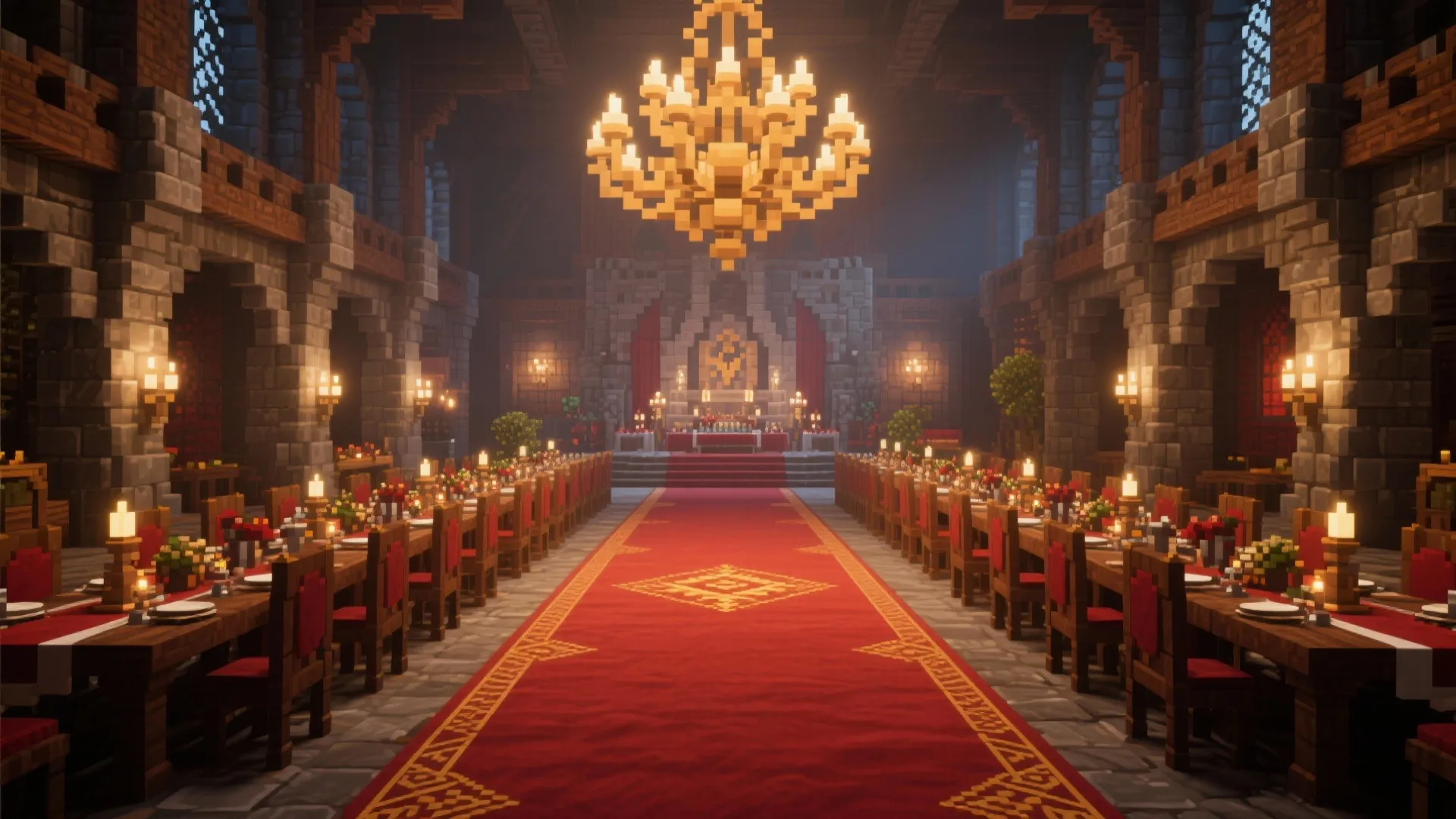 Large block style banquet hall with long dining tables red carpet and a large ceiling light