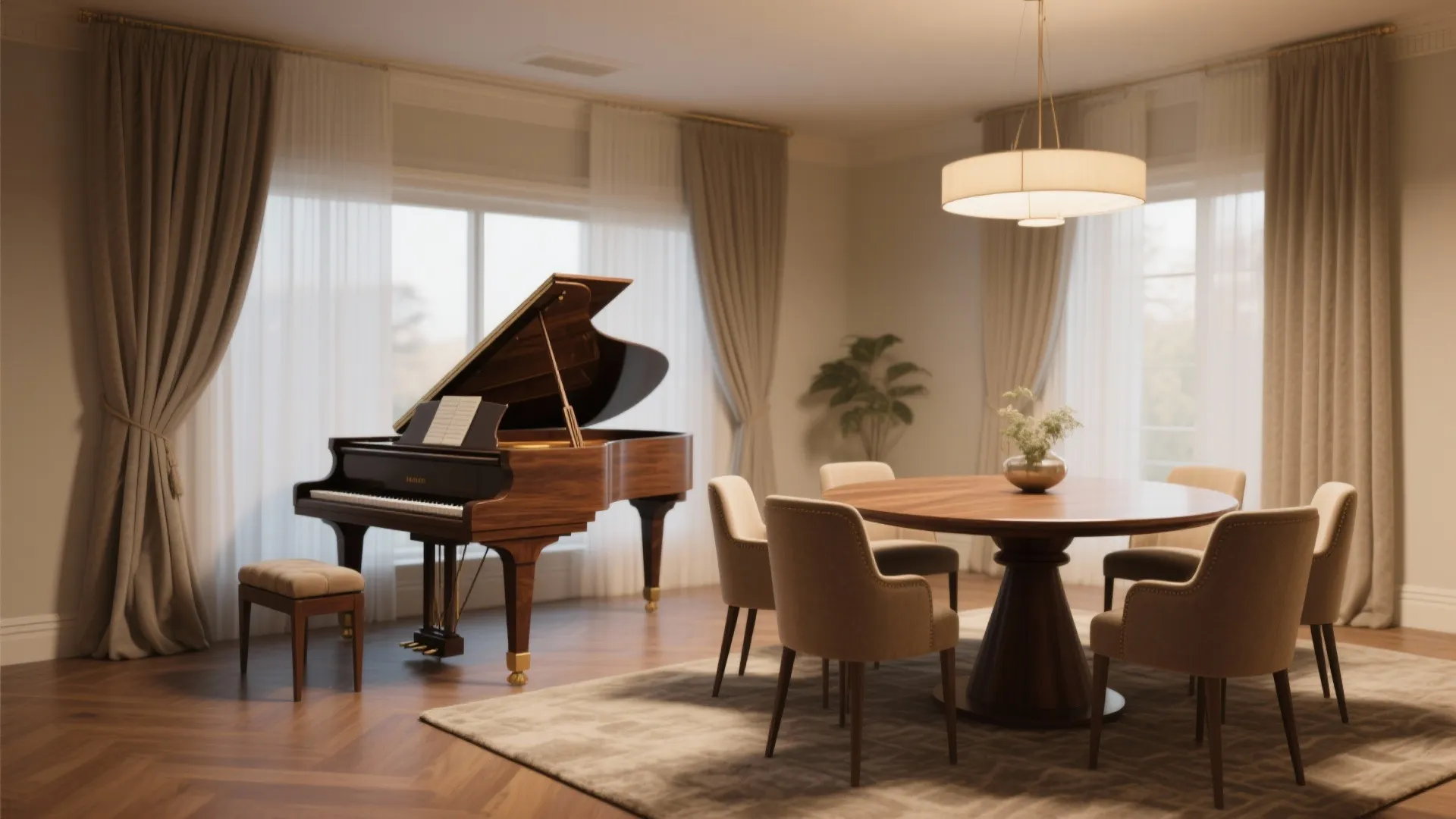 Baby grand angled to mirror a round dining table with clear walkways and warm lighting.