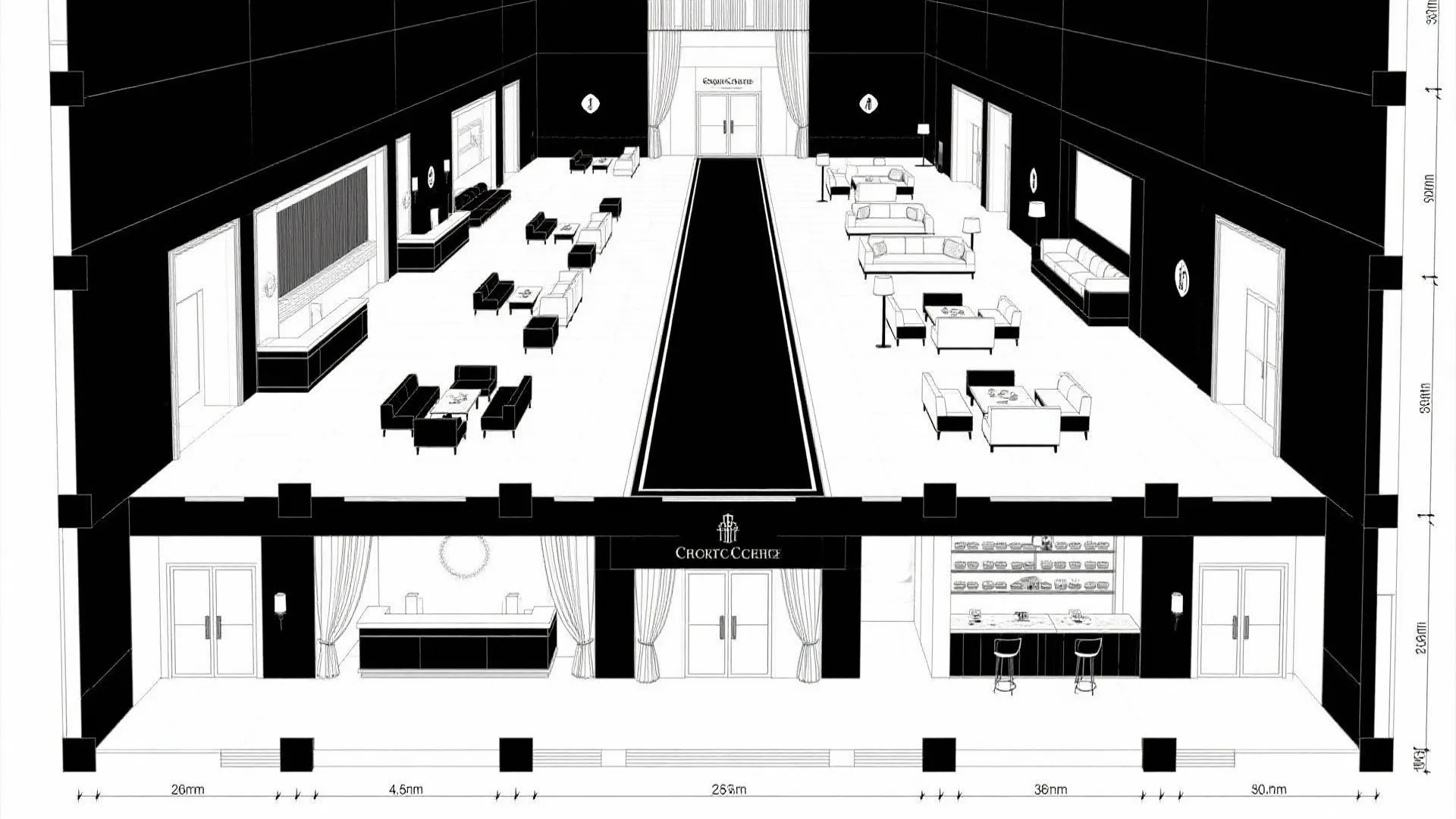 Top-down CAD plan of lobby with central spine and distributed nodes