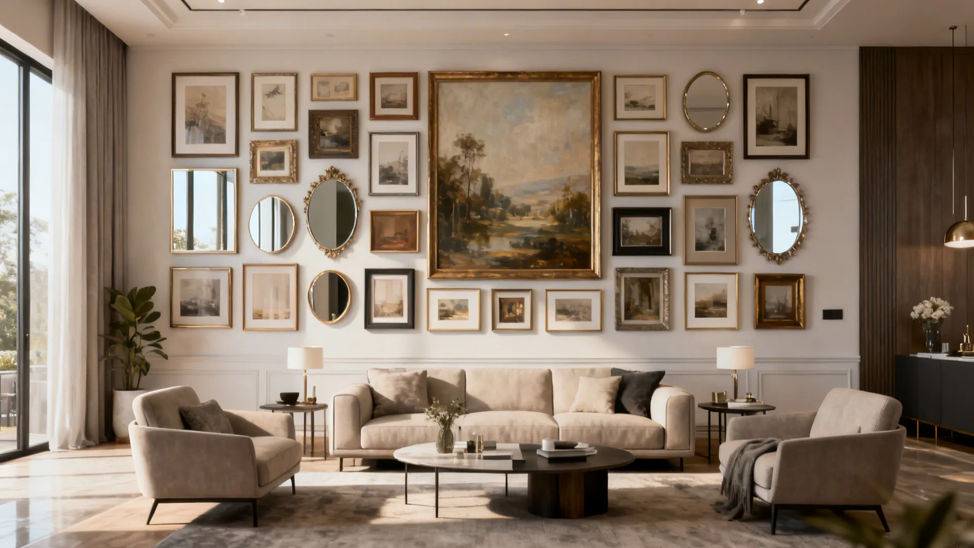 Large curated gallery wall with a dominant central artwork and consistent mats across a living room wall.