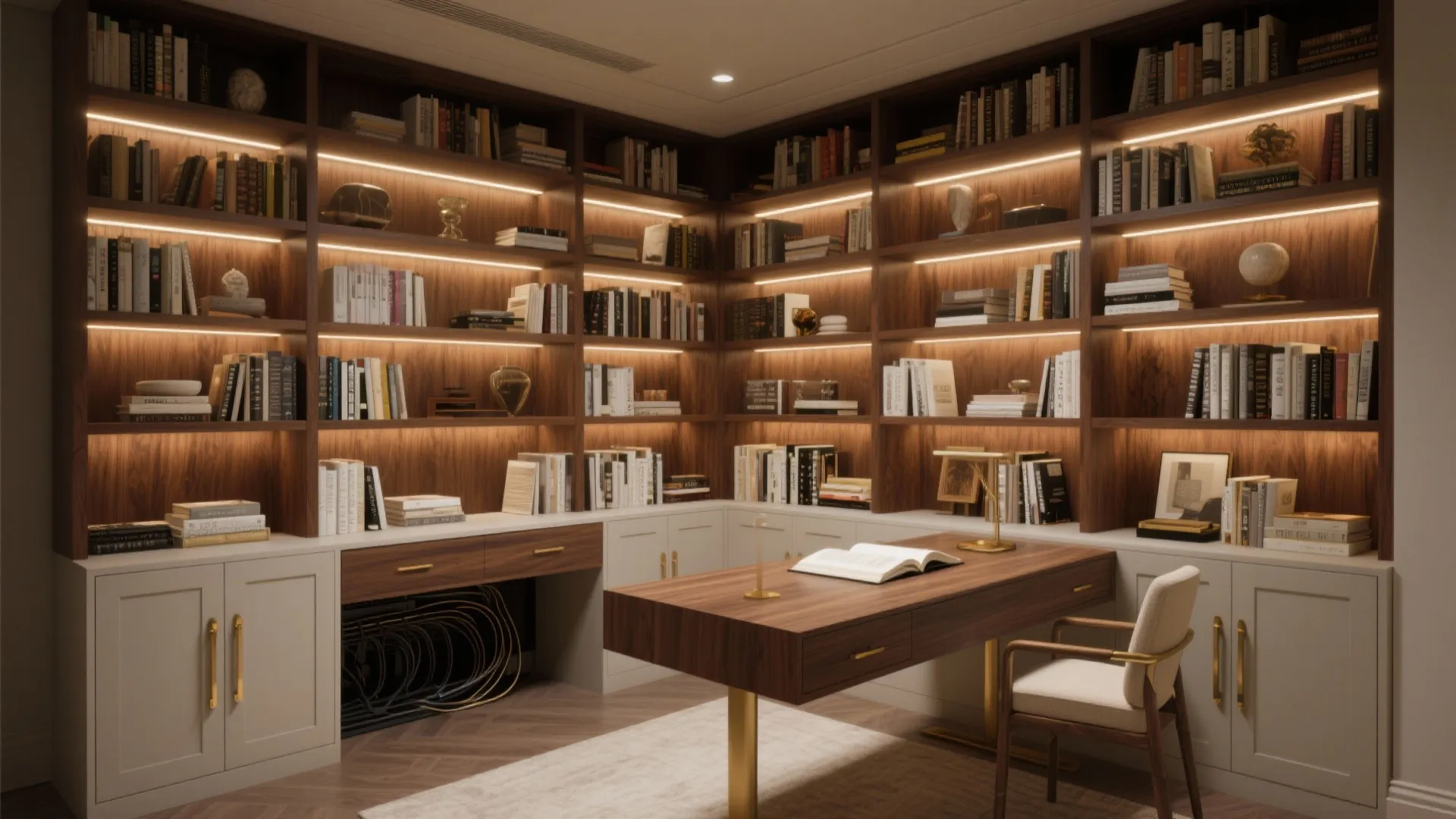 Home library with wooden desk white chair large bookshelves and light fixtures on the shelves