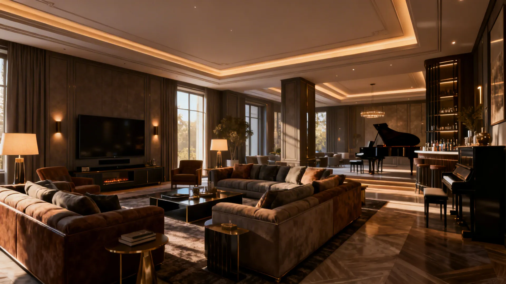 Grand living room with large seating, piano corner and defined formal zones