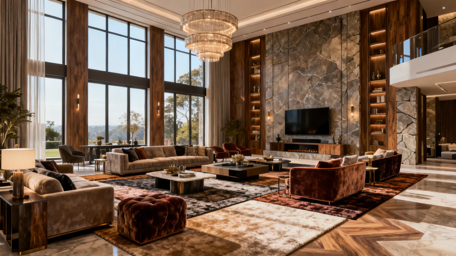 Large living room with separate seating areas, media zone, and layered luxurious textures.