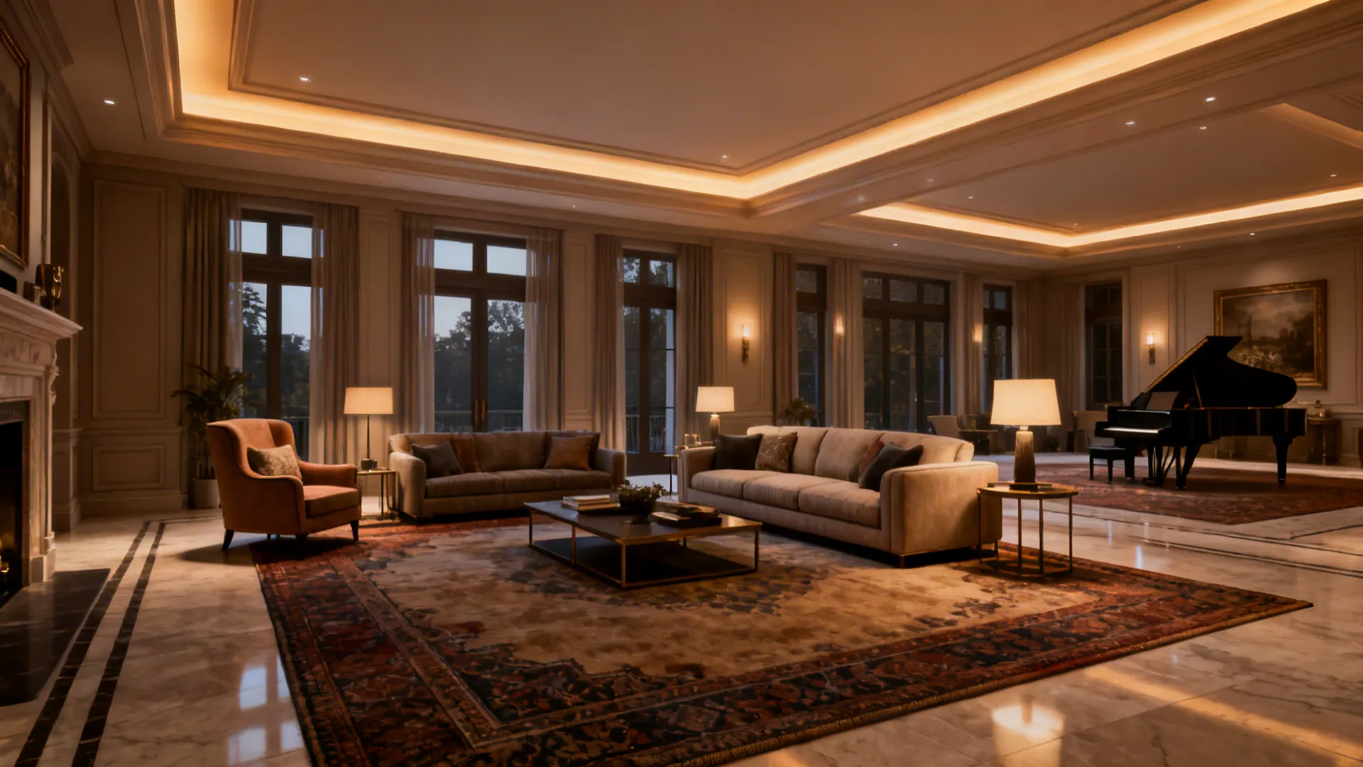 Spacious 20x25 ft living room with multiple seating areas, a reading nook and a piano corner