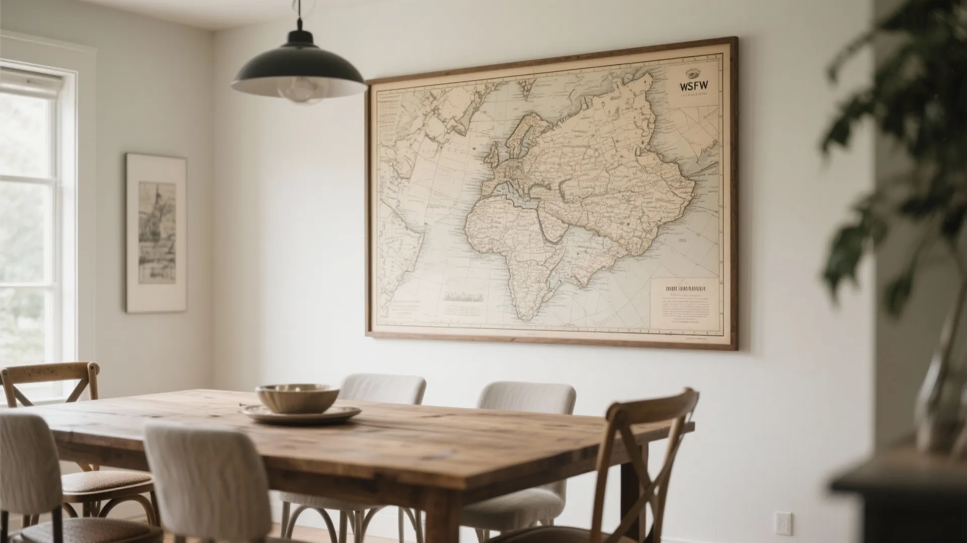 Dining room with large vintage map artwork on wall