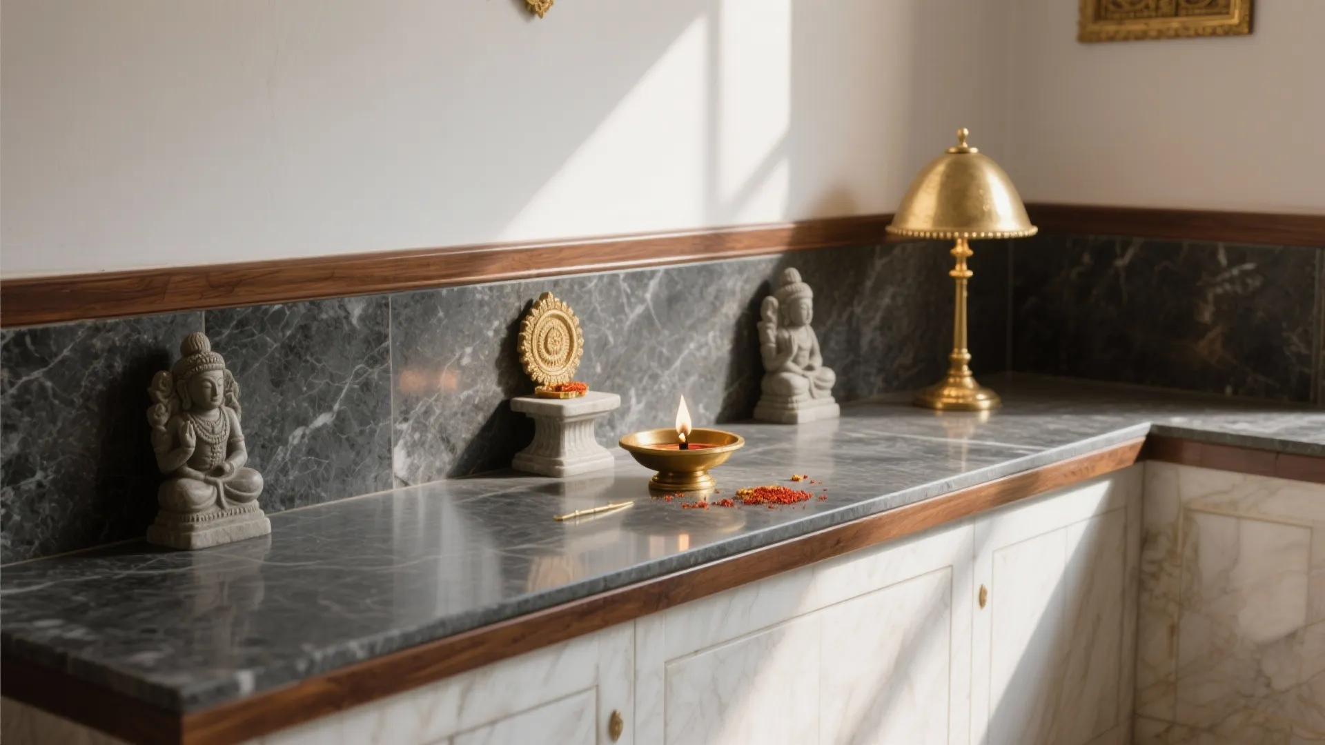 Granite or stone backdrop with kumkum-friendly counters