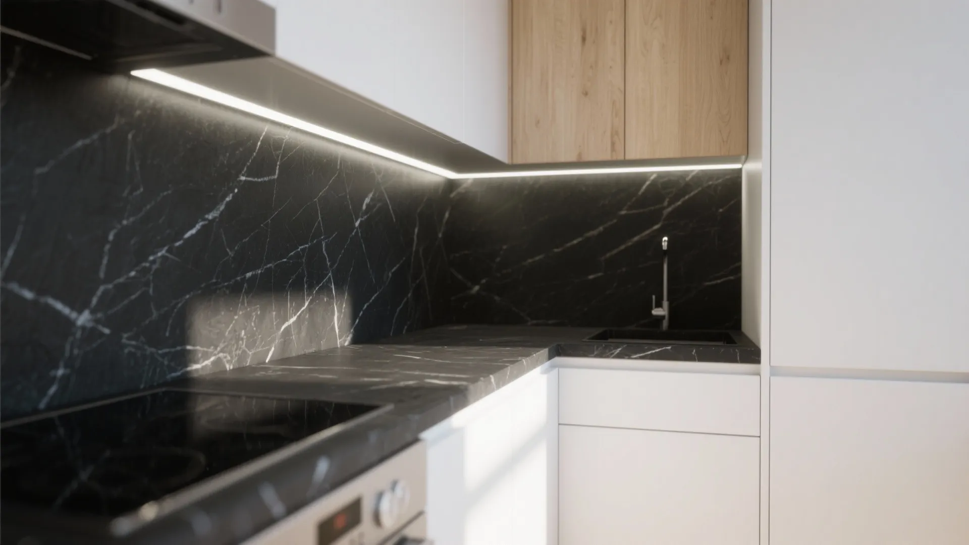 1. Use black granite as an anchor with light cabinetry