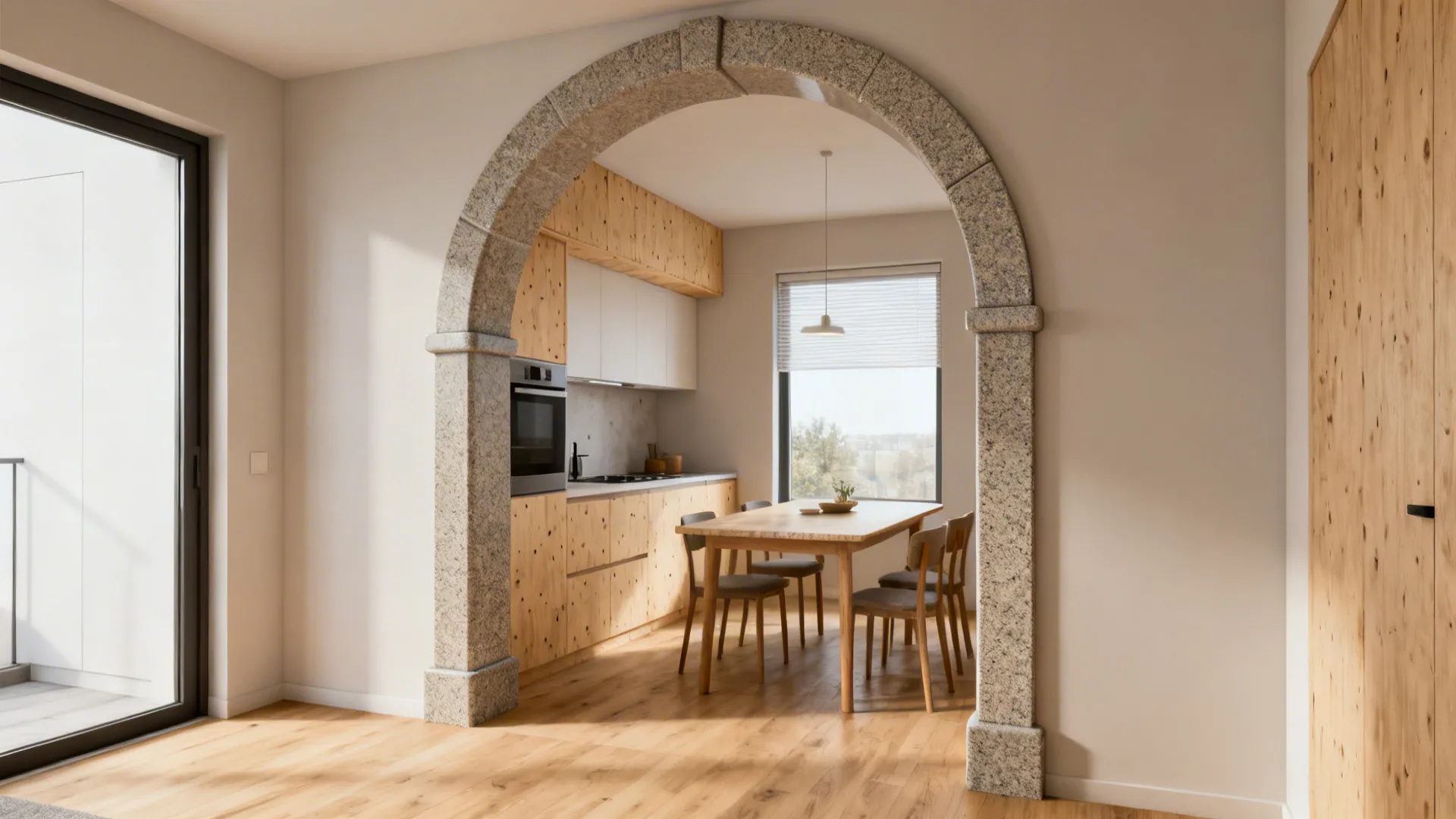 Granite-clad archway connecting a compact kitchen and dining area with eased stone edges.