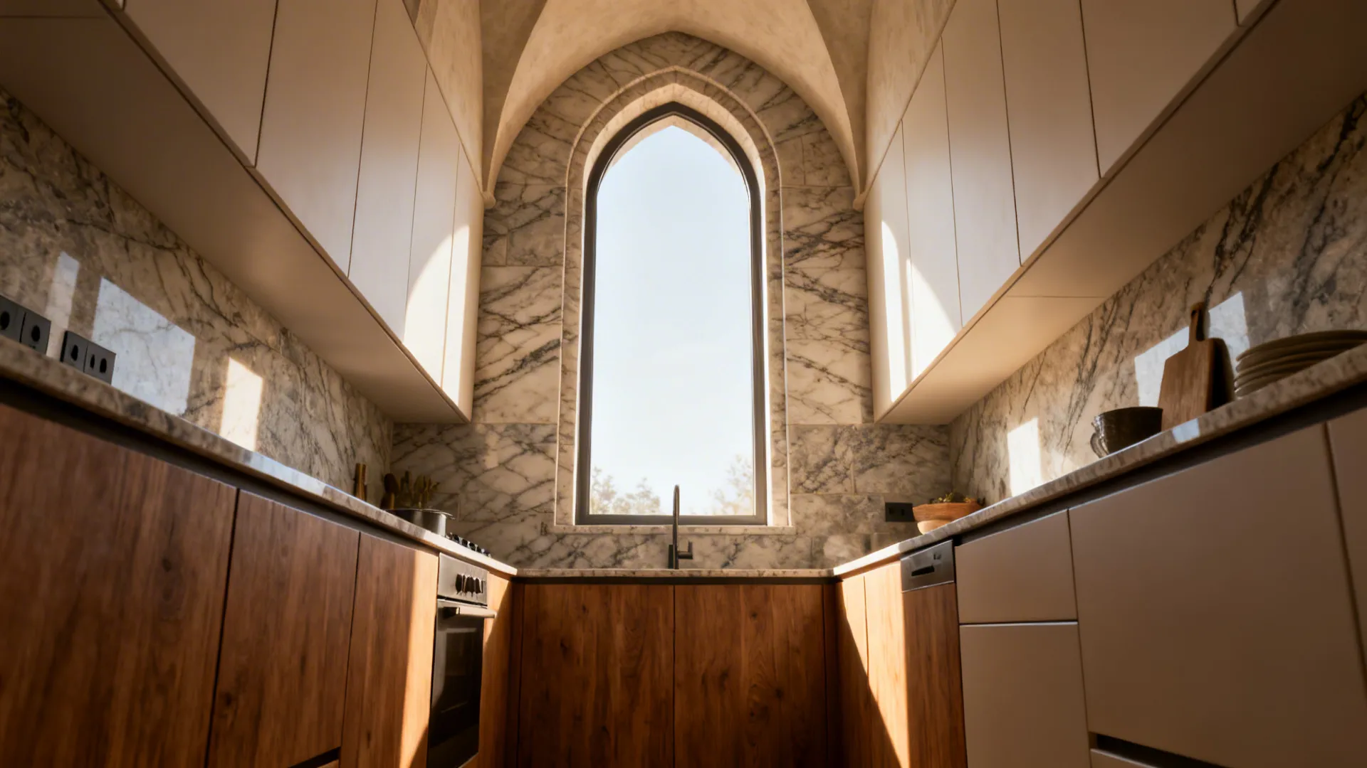 Compact kitchen with a full-height bookmatched granite backsplash and a soft arched cut above the window.