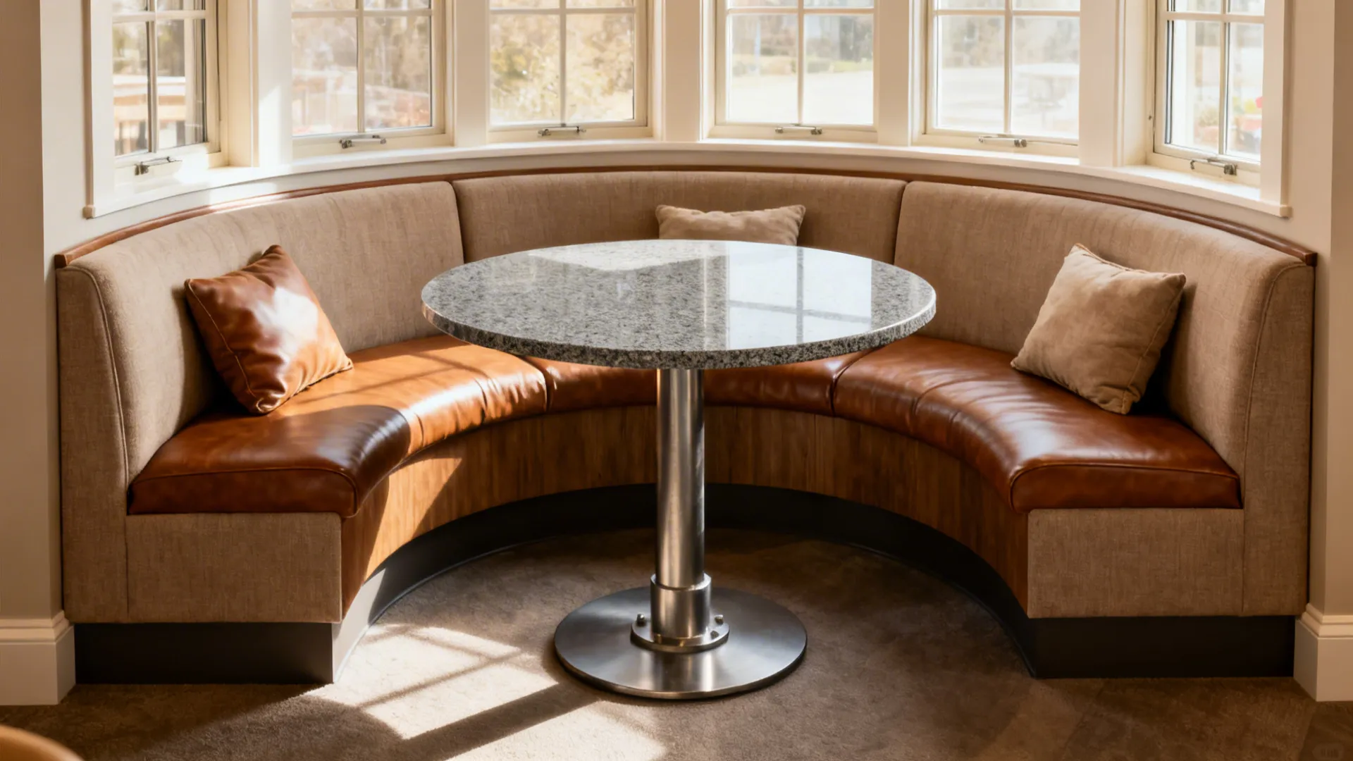 Curved banquette seating around a round leathered gray granite pedestal table in a bright bay window.