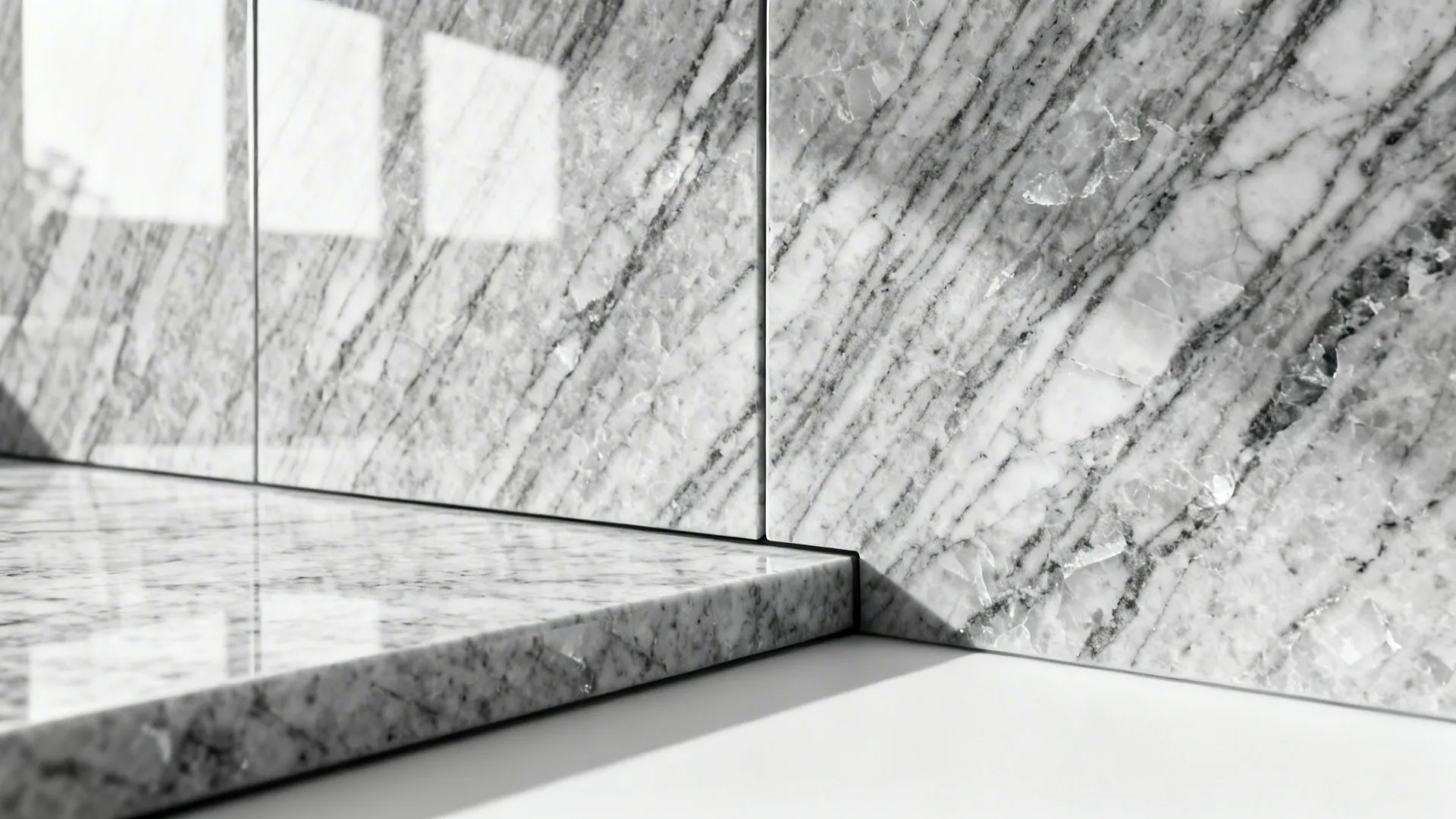 Macro of bookmatched granite veins aligning across a full-height backsplash seam.