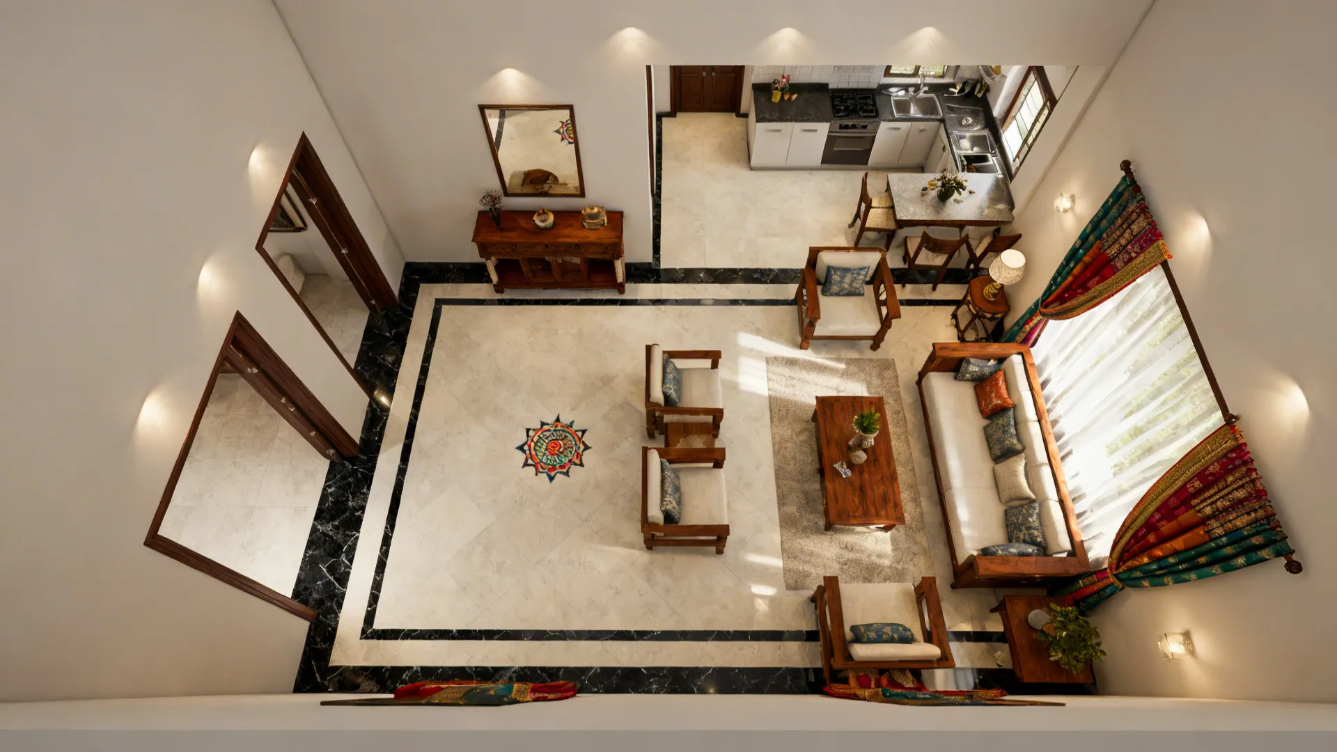 Interior design drawing showing room layout with stone floor wooden furniture and open plan kitchen