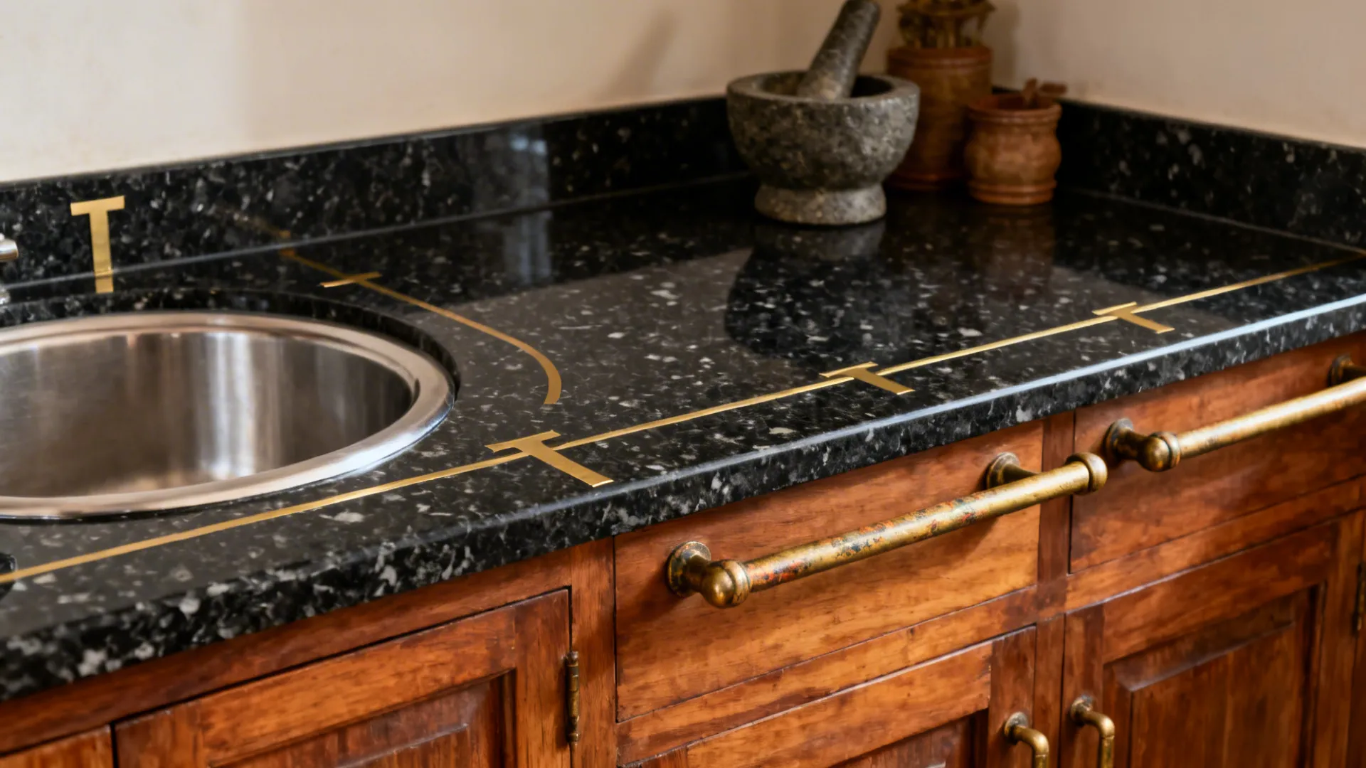 Honed black granite countertop with brass inlays and patinated brass hardware.