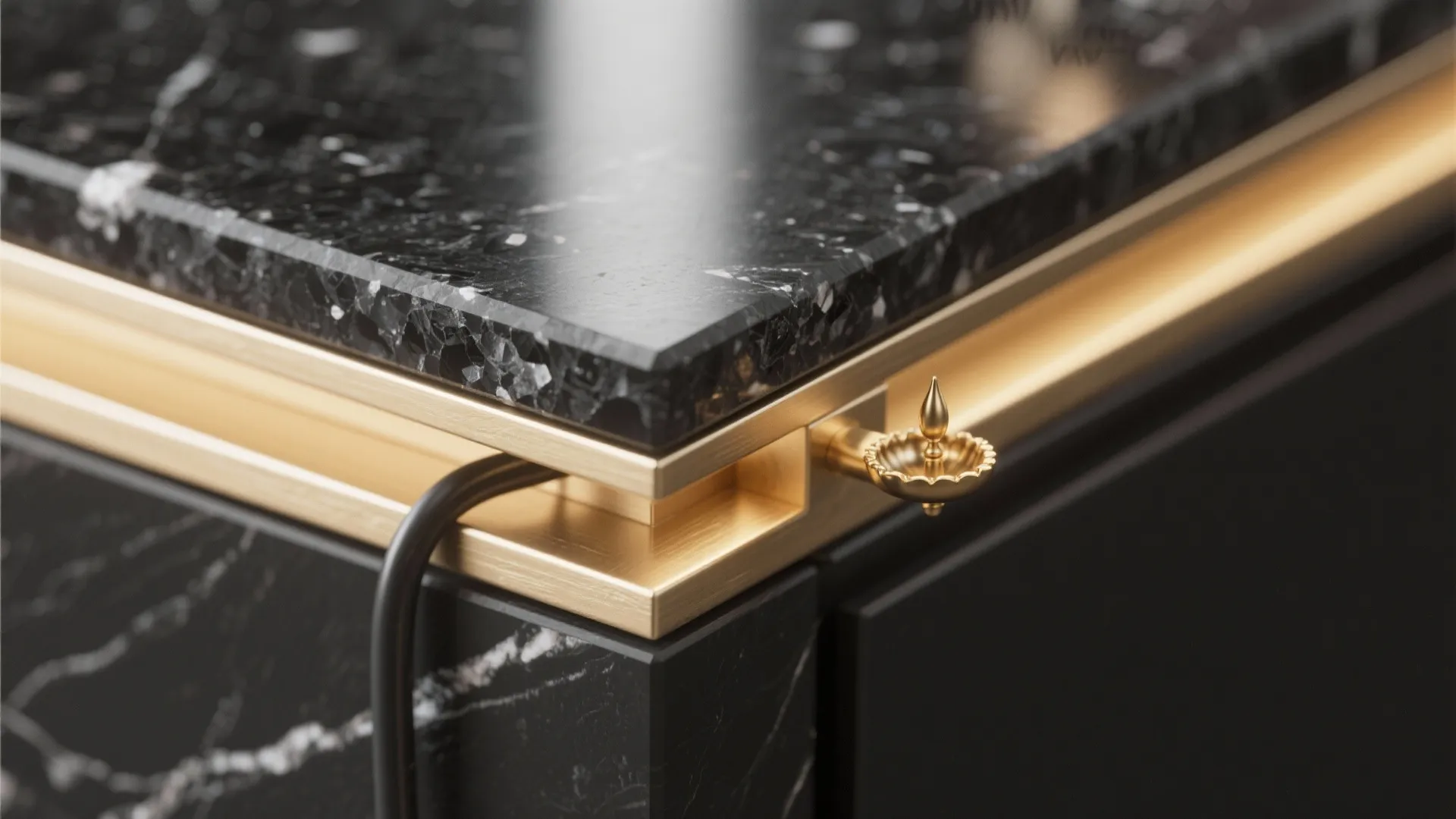 Polished Black Granite Backdrop With Brass Accents